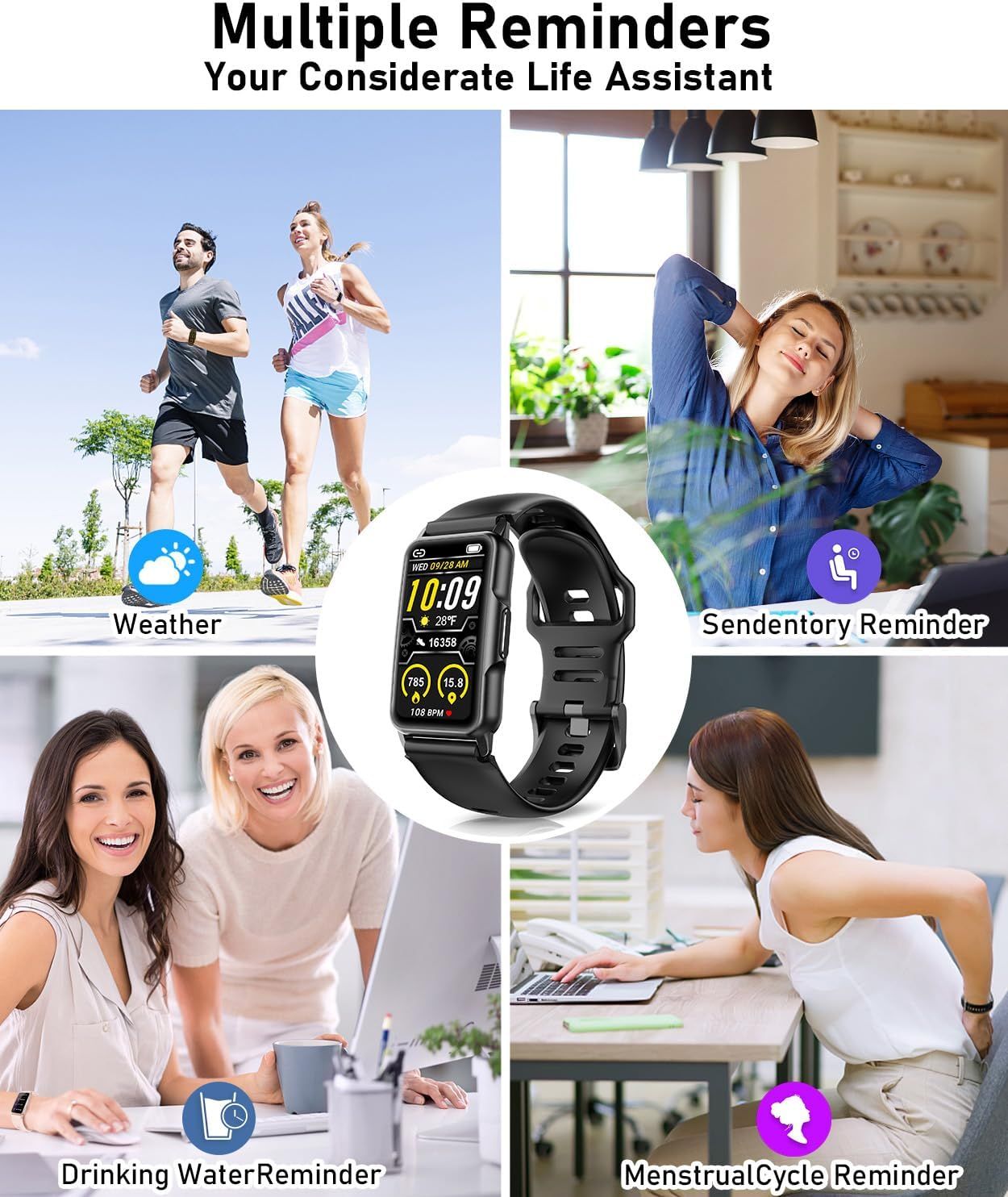 Showcases multiple smart reminder features of the fitness watch to demonstrate its versatility as a life assistant that helps users stay healthy, active, and organized throughout their day.