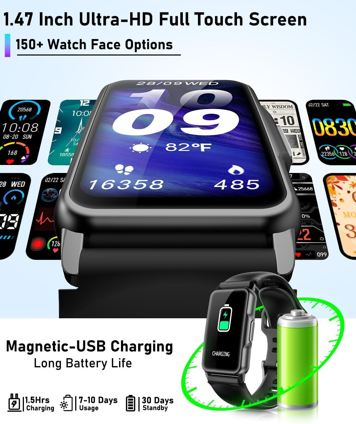 Communicates multiple key selling benefits of the smartwatch including display quality, customization options, and battery performance to demonstrate the product's versatility and value.