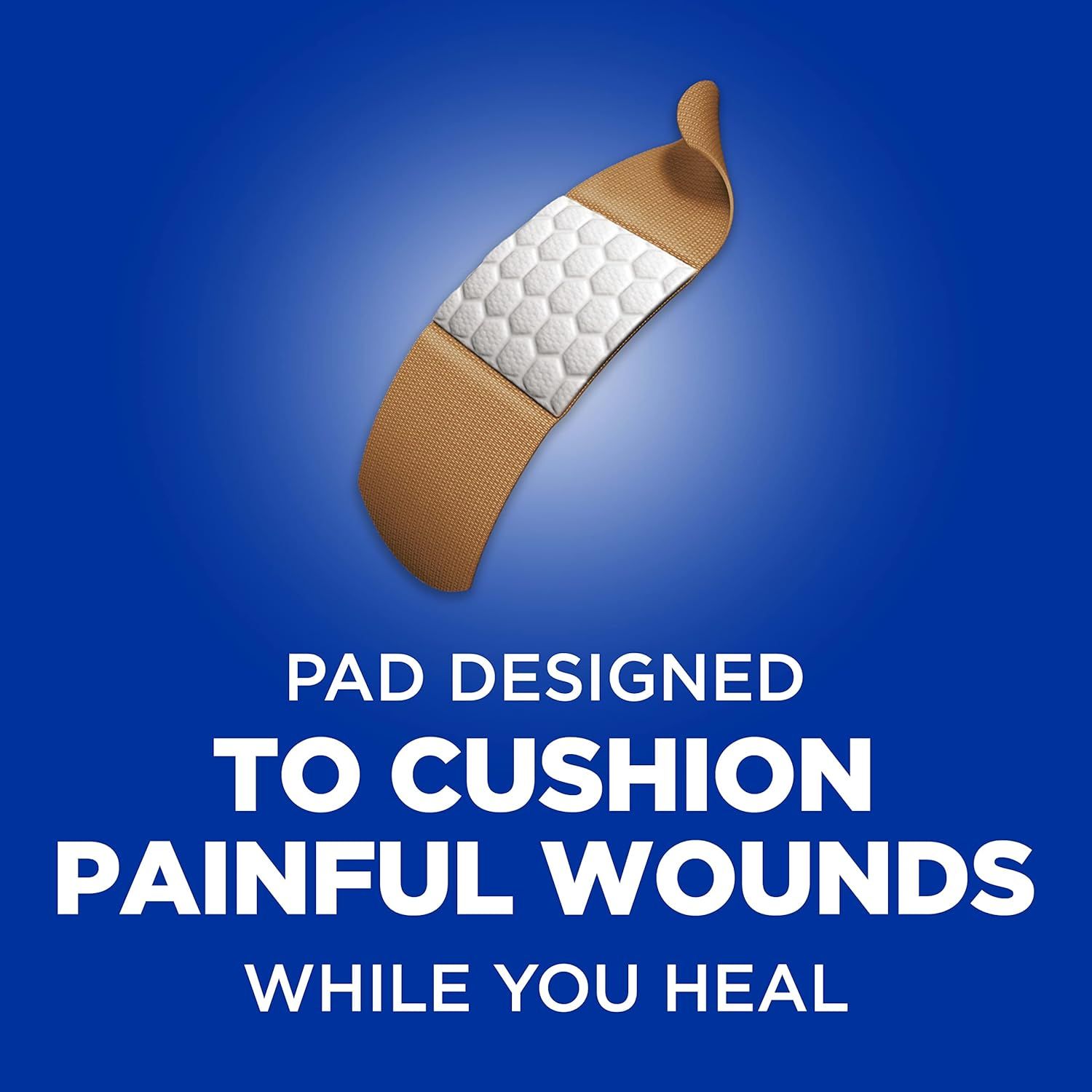 Communicates that the bandage features a cushioned pad designed to provide comfort and protection for painful wounds during the healing process.