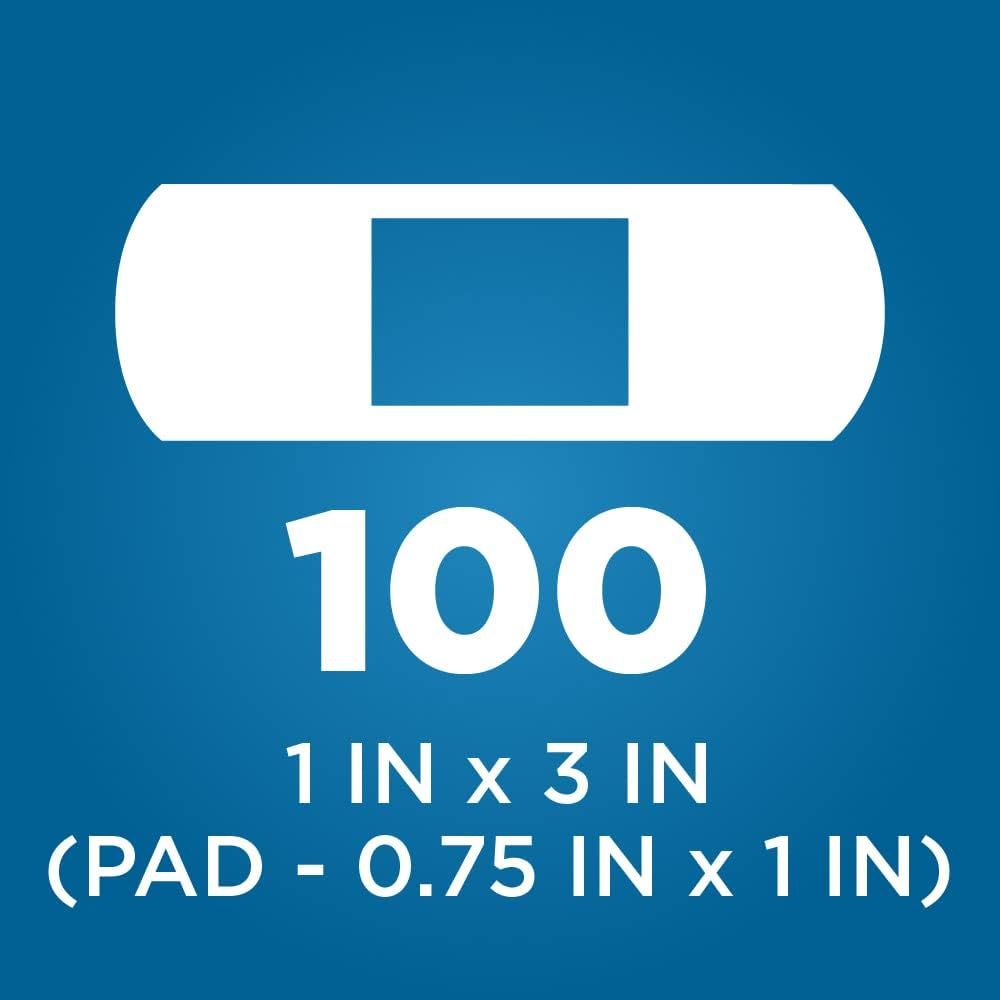 Communicates the exact physical dimensions of the bandages and pad to help shoppers understand the size and coverage area before purchase. Highlights that the package contains 100 bandages to…