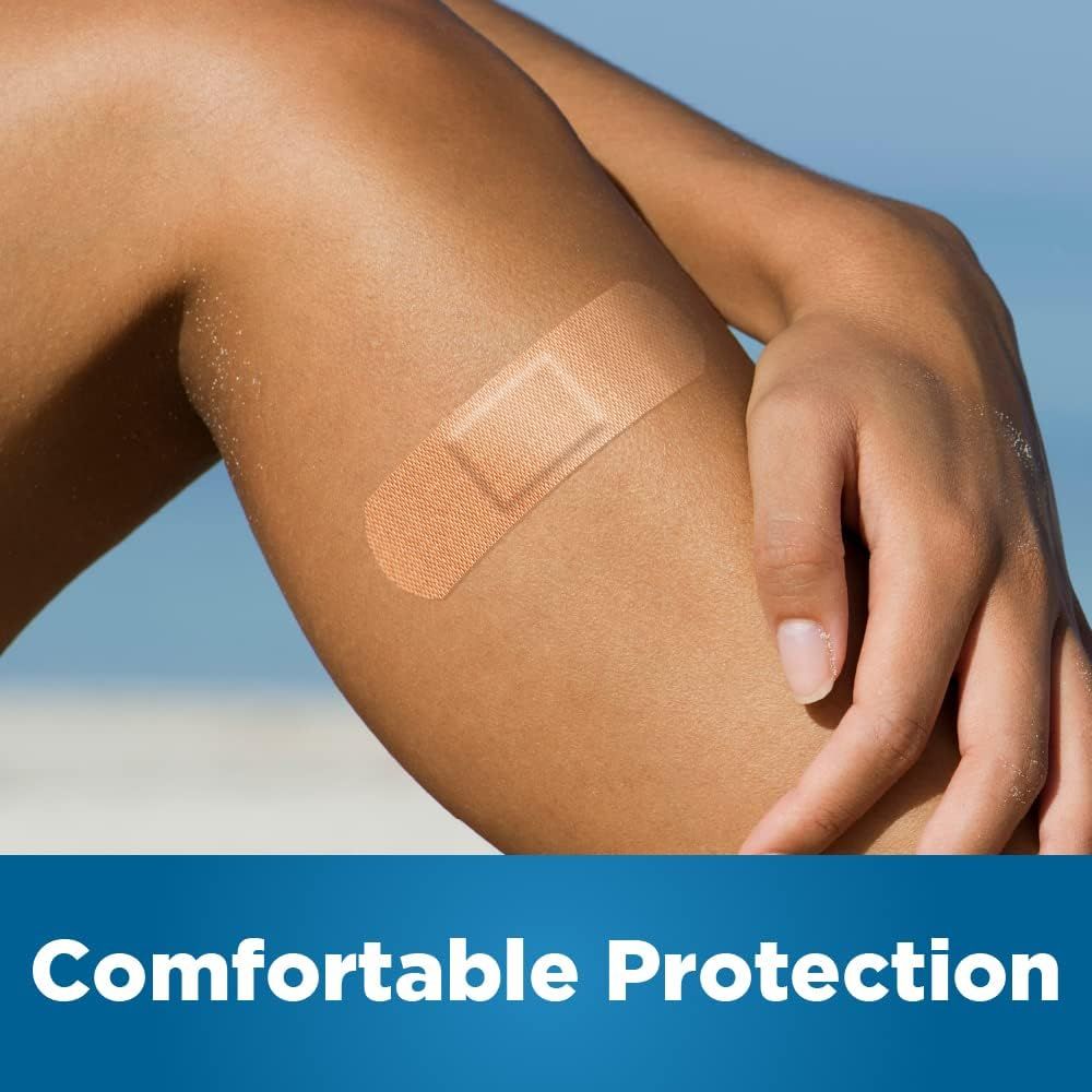 Demonstrates the product's comfortable fit and protective qualities by showing a bandage applied to skin in a real-world context, reassuring shoppers that the product provides gentle, effective…