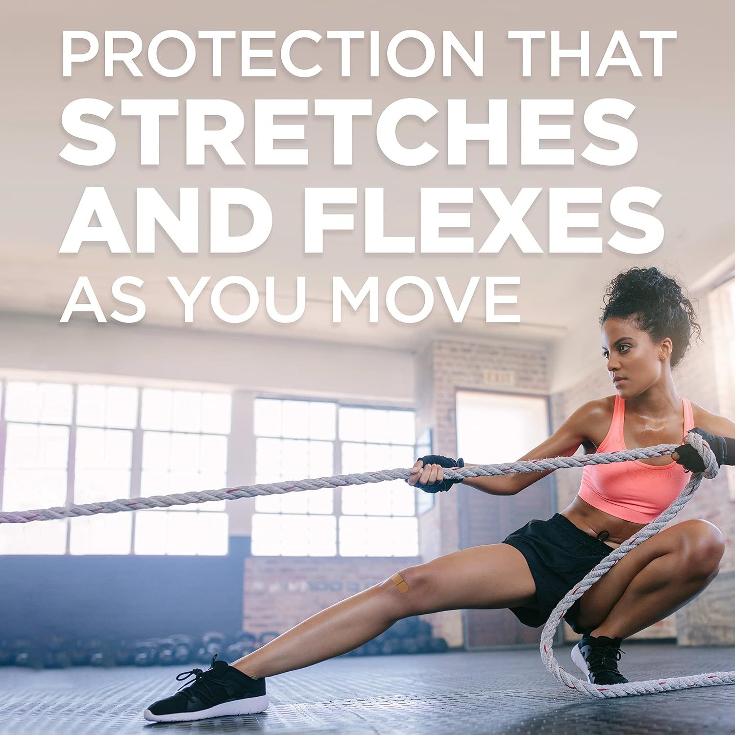 Communicates that the product provides protection that moves with the user during physical activity, emphasizing flexibility and freedom of movement.