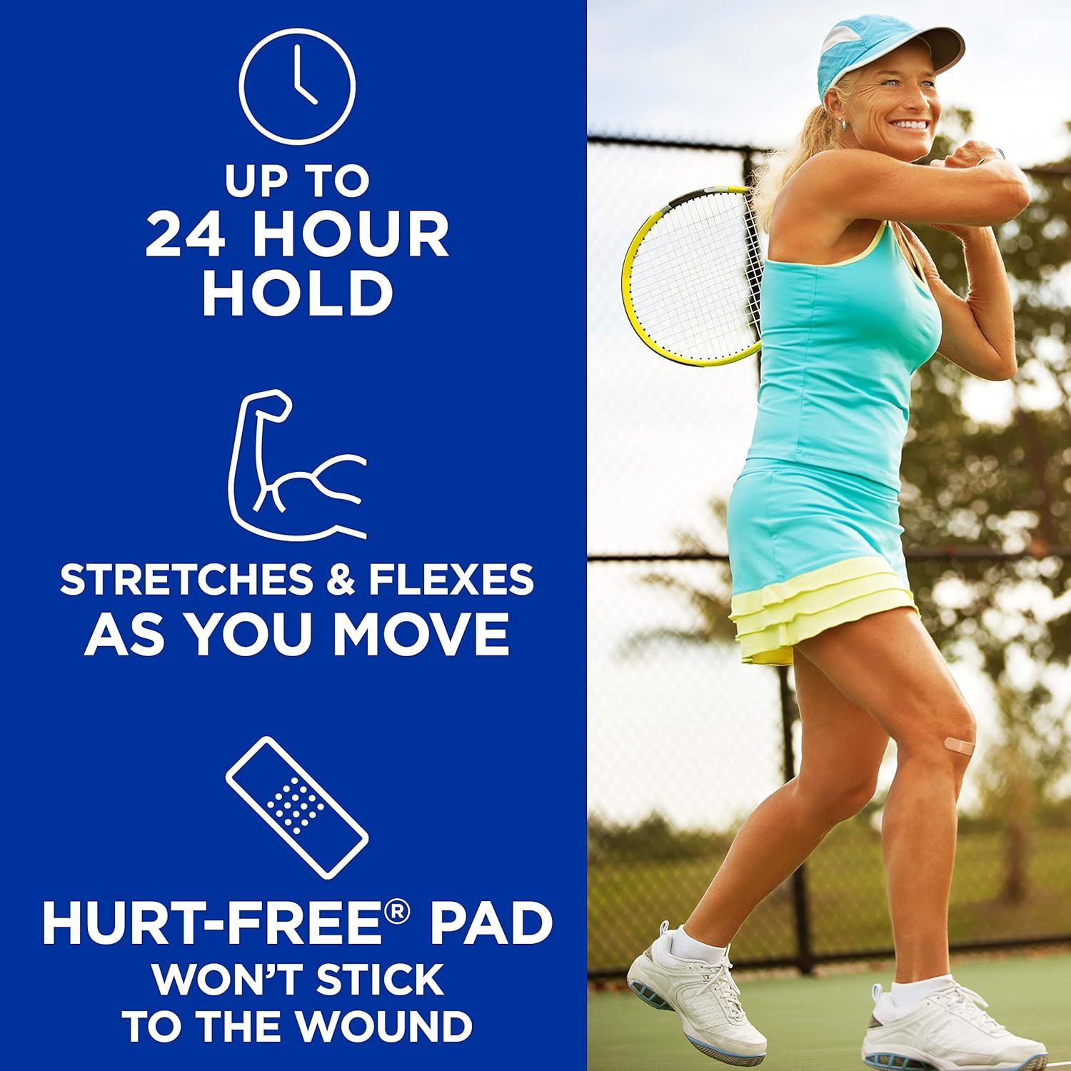 Communicates three distinct product benefits in a segmented layout: long-lasting adhesion, flexibility during movement, and a pad that won't stick to wounds, reassuring shoppers of comprehensive…