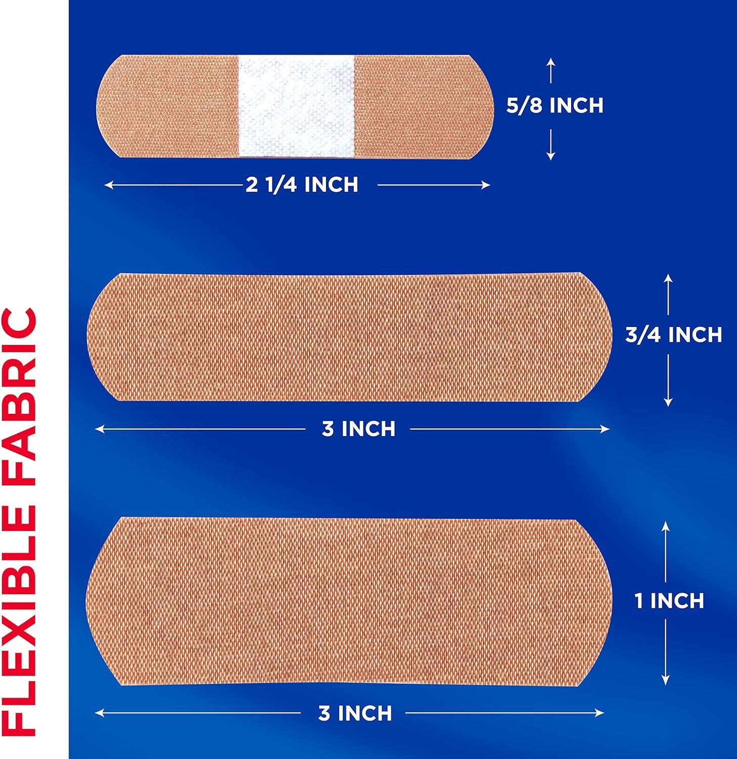 Communicates the exact physical dimensions of three different bandage sizes to help shoppers understand which size best fits their needs.
