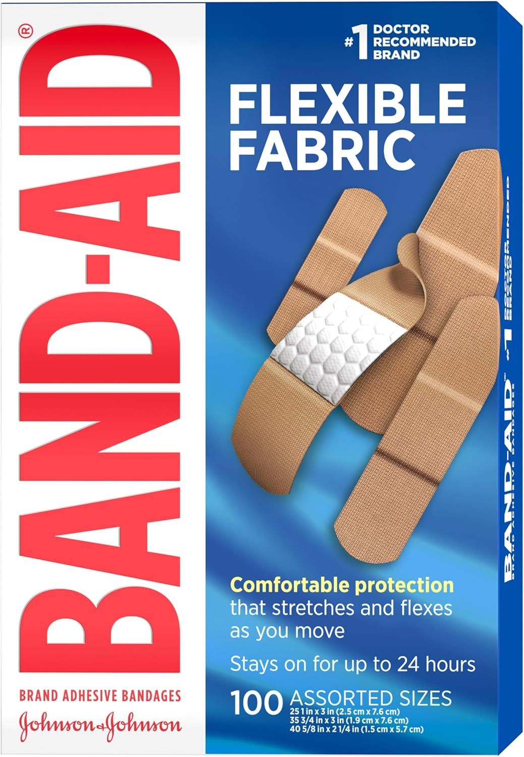 Communicates multiple product benefits including flexible fabric material, comfortable protection that moves with you, 24-hour adhesion, and variety of sizes available to meet different needs.