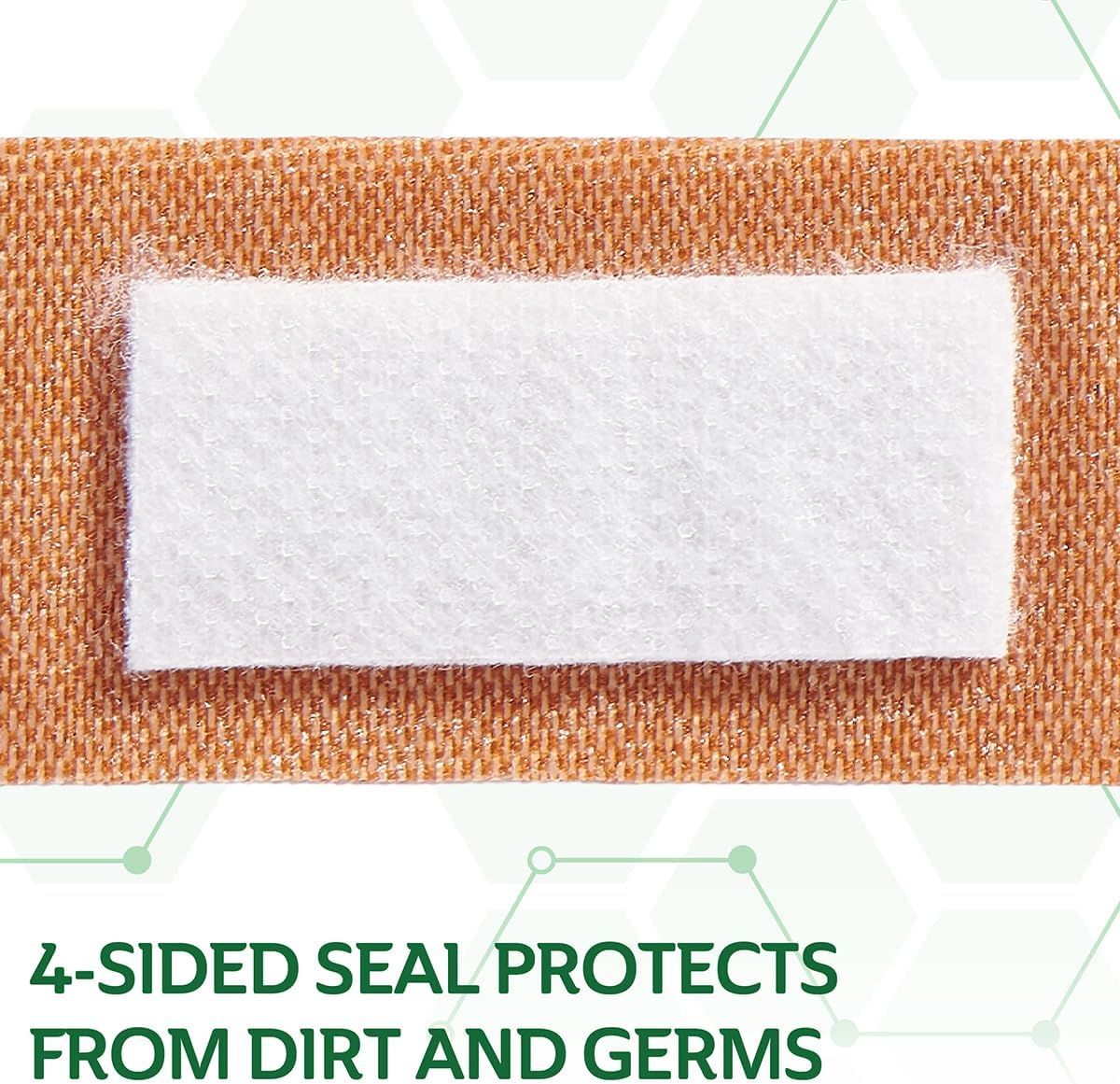 Highlights the product's 4-sided seal construction to reassure shoppers that it provides complete protection from dirt and germs. Communicates the key benefit of protection from dirt and germs…
