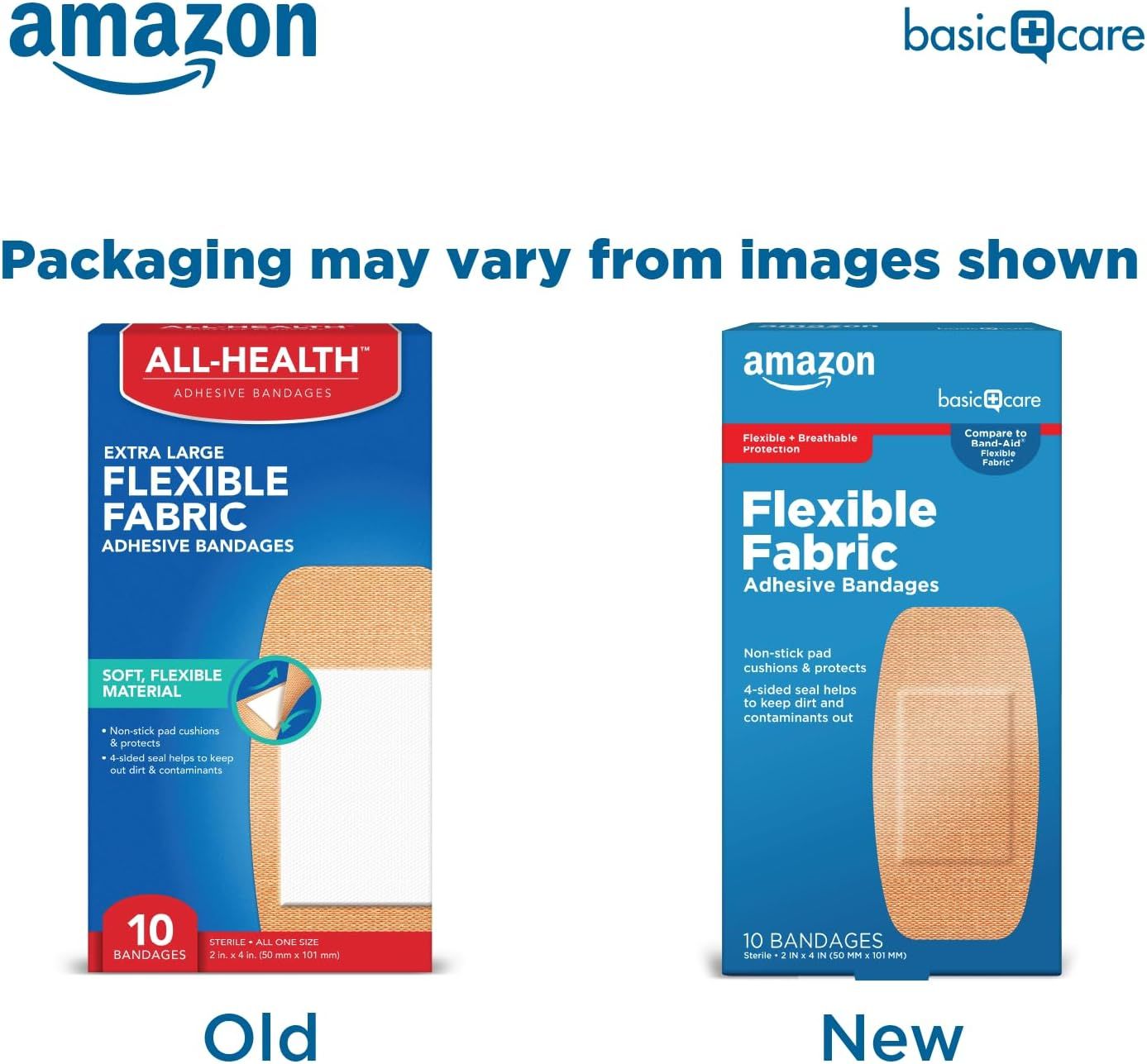Shows the old and new packaging designs for the same product line to inform shoppers that the product they receive may look different but is the same item.
