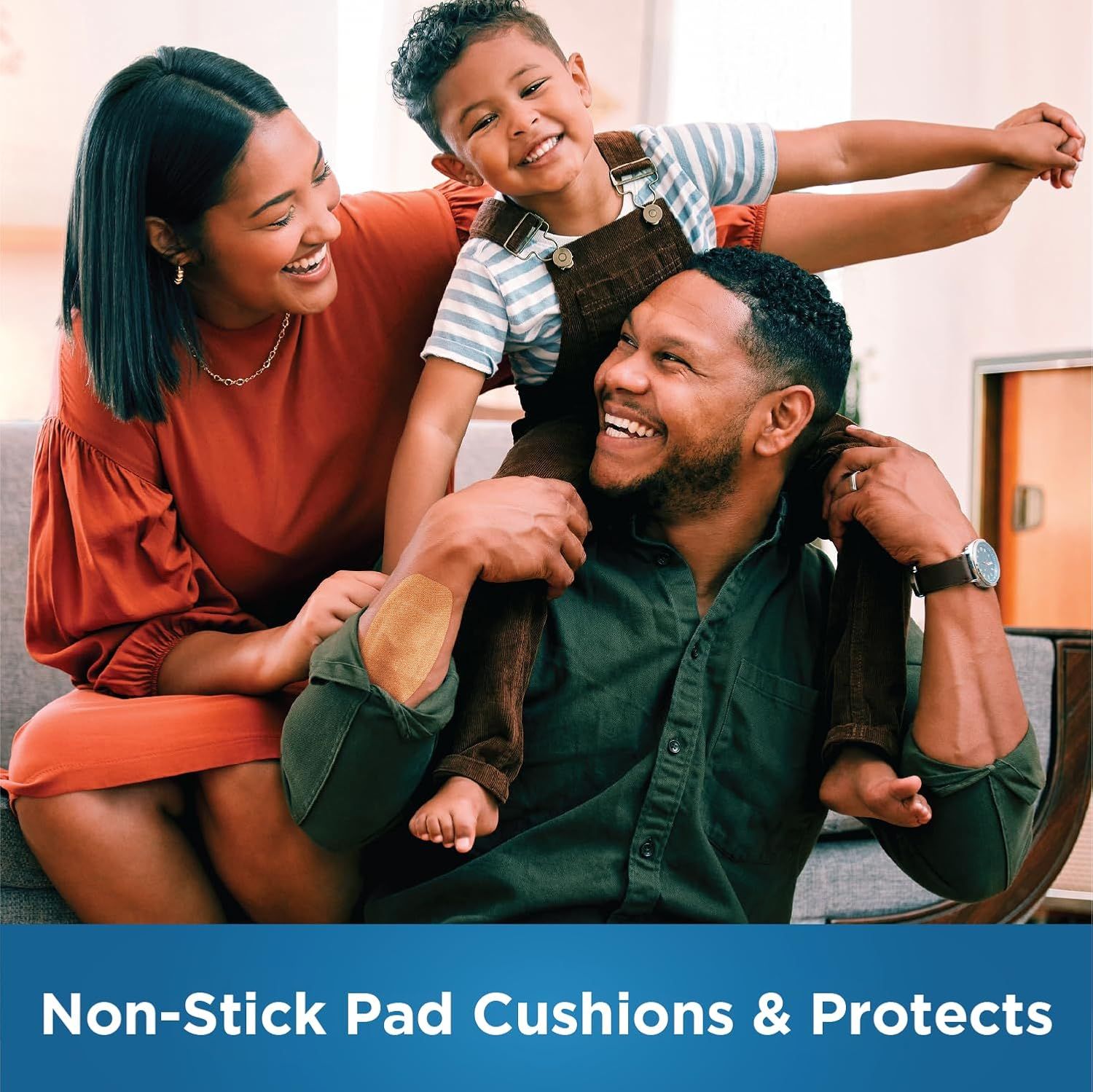 Communicates that the product provides cushioning and protection with a non-stick pad feature, reassuring shoppers of comfort and safety for family use.