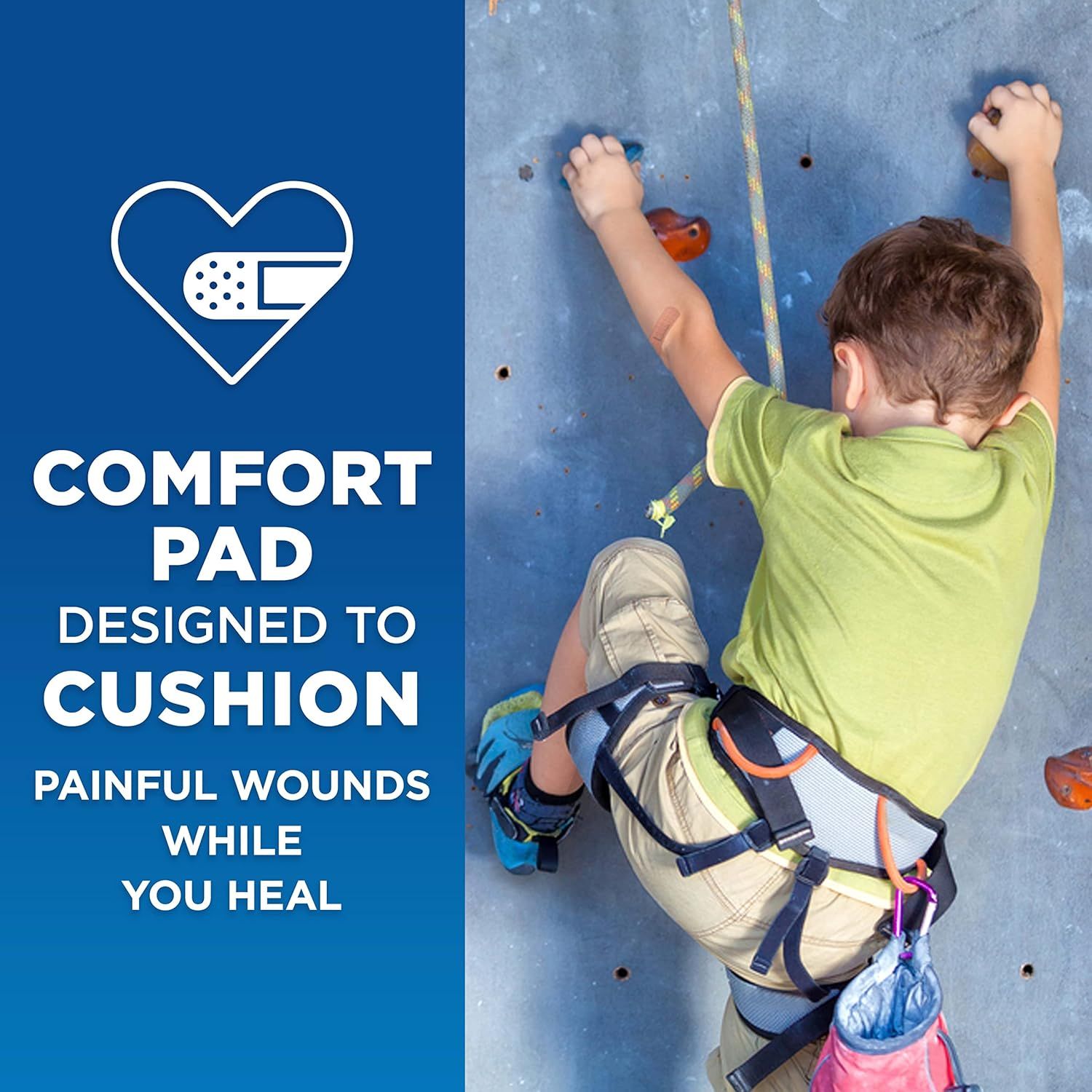 Communicates that the product provides cushioning and comfort for painful wounds during healing, reassuring parents that it protects active kids.
