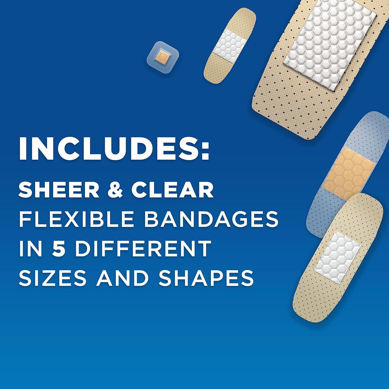Communicates what the customer receives in the package: sheer and clear flexible bandages in 5 different sizes and shapes, reassuring shoppers about the variety and versatility of the product.