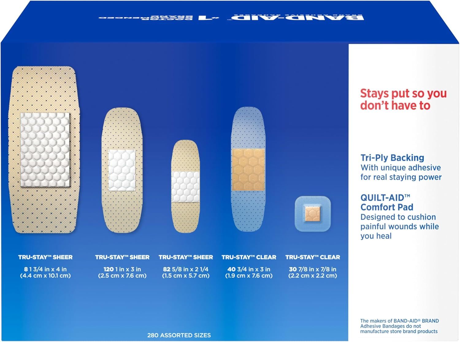Displays the brand's complete product lineup showing five different bandage sizes and types to help shoppers understand the variety of options available and choose the right size for their needs.…