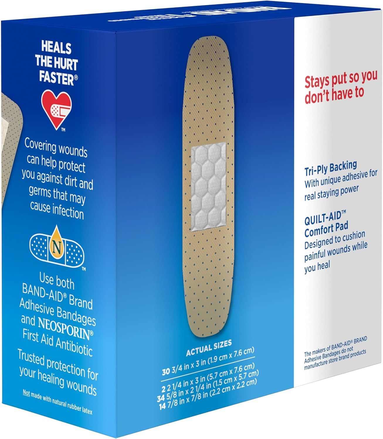 Highlights the physical construction of the bandage, showing the tri-ply backing and comfort pad layers to communicate superior adhesion and cushioning for wound protection. Communicates multiple…
