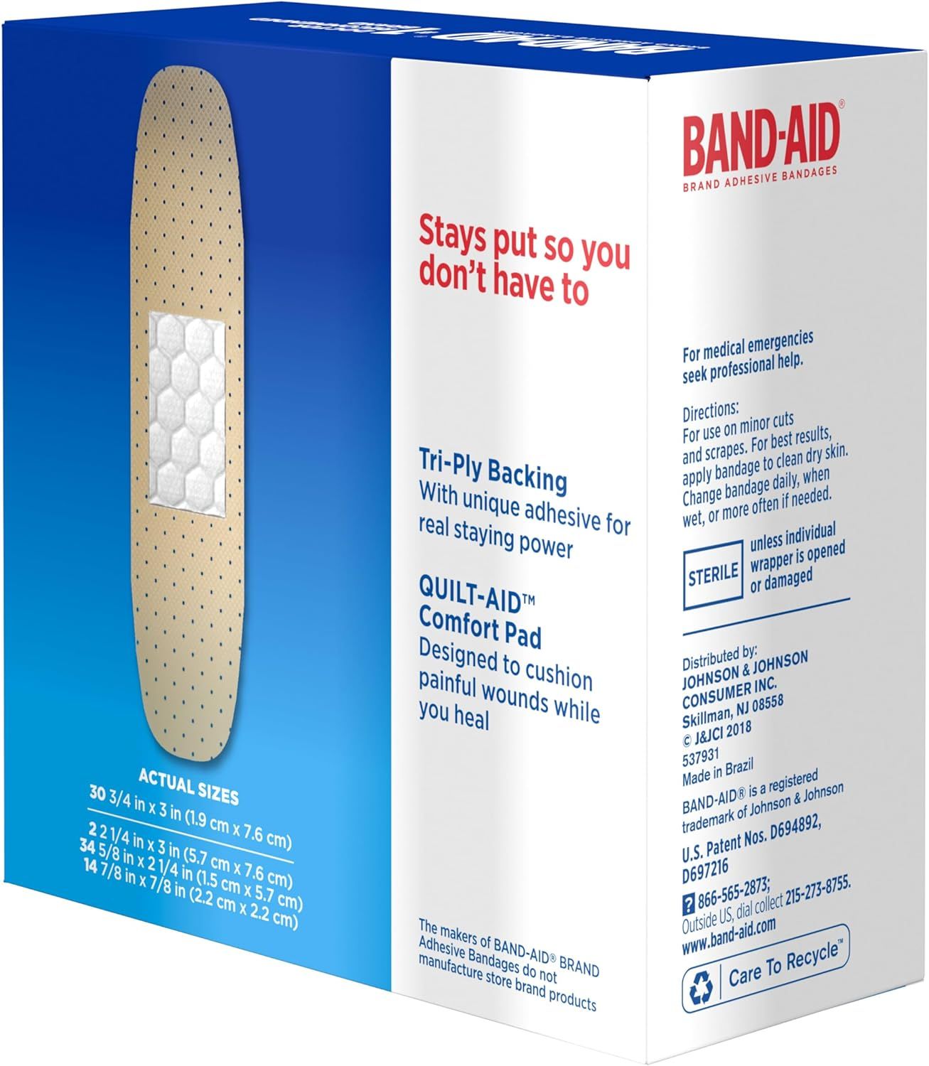 Communicates multiple distinct product benefits including adhesive staying power and cushioned comfort pad to reassure shoppers of the bandage's superior performance and comfort.
