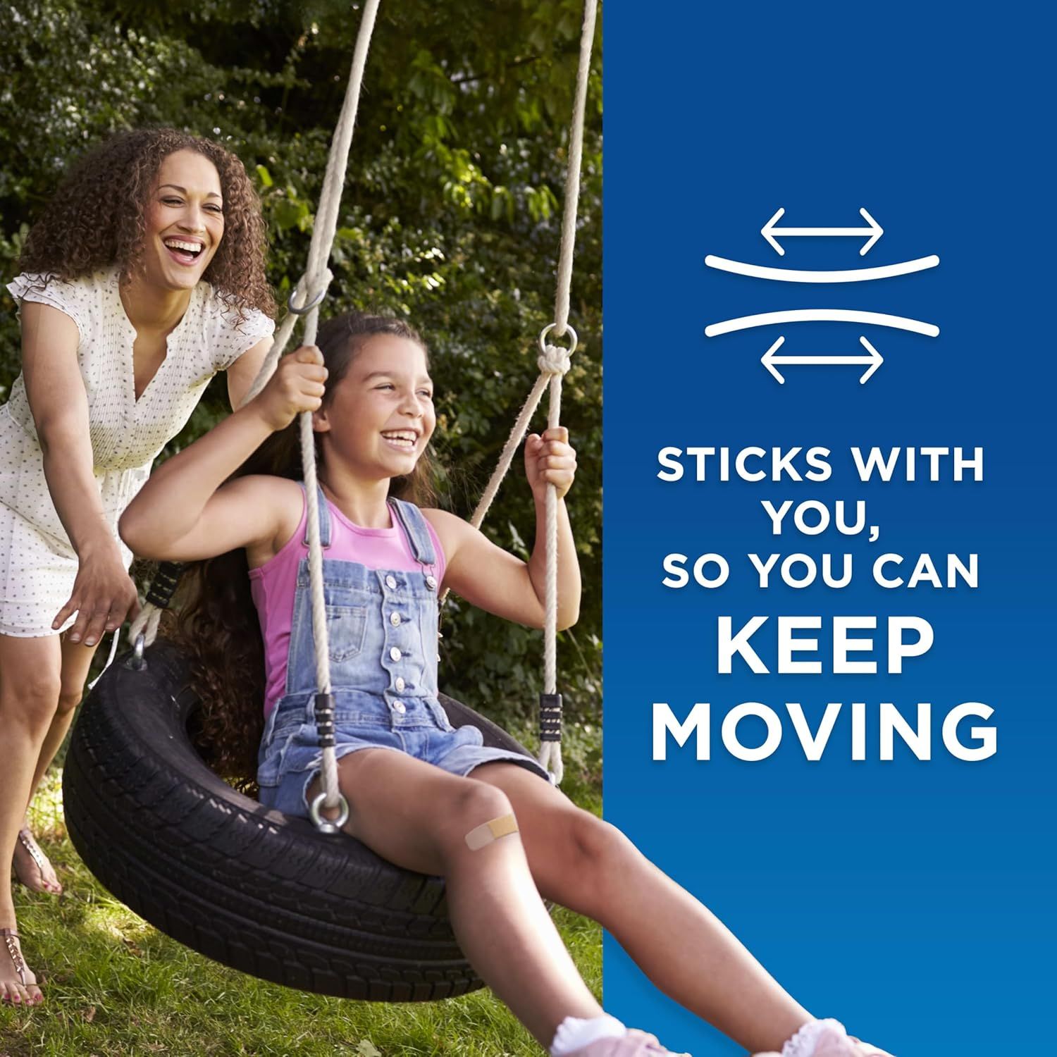 Communicates that the bandage stays securely attached during active movement and play, reassuring parents that it won't fall off during everyday activities.