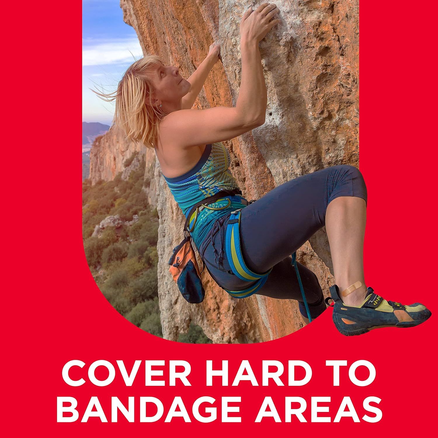 Demonstrates the product's ability to effectively cover difficult-to-bandage areas like joints and curved body parts, as shown through an active outdoor use case.