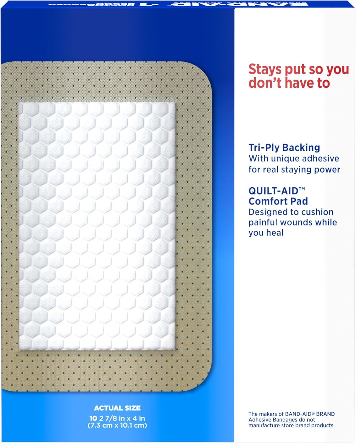 Communicates two distinct product benefits: the adhesive backing that keeps the bandage in place, and the cushioning comfort pad designed to protect painful wounds during healing.