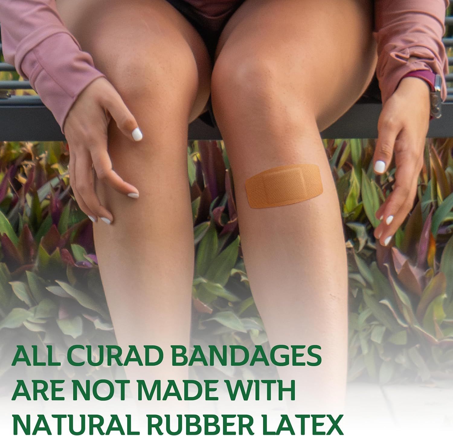 Differentiates this brand's bandages from competitors by highlighting that they are made with natural rubber latex, positioning the product as a superior or more natural choice.
