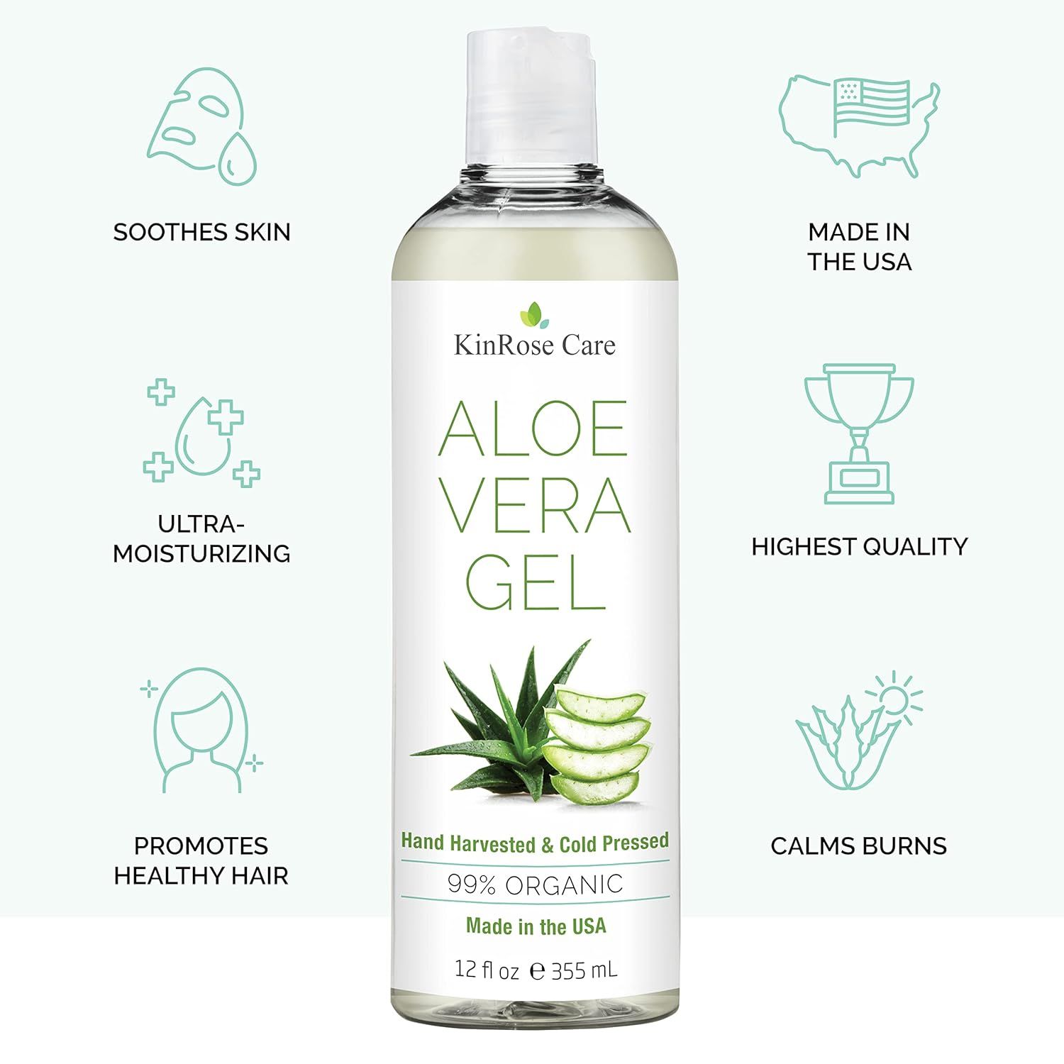 Communicates multiple distinct benefits of the aloe vera gel in a segmented layout with icons and text, showing shoppers the versatility and quality of the product across skincare, haircare, and…