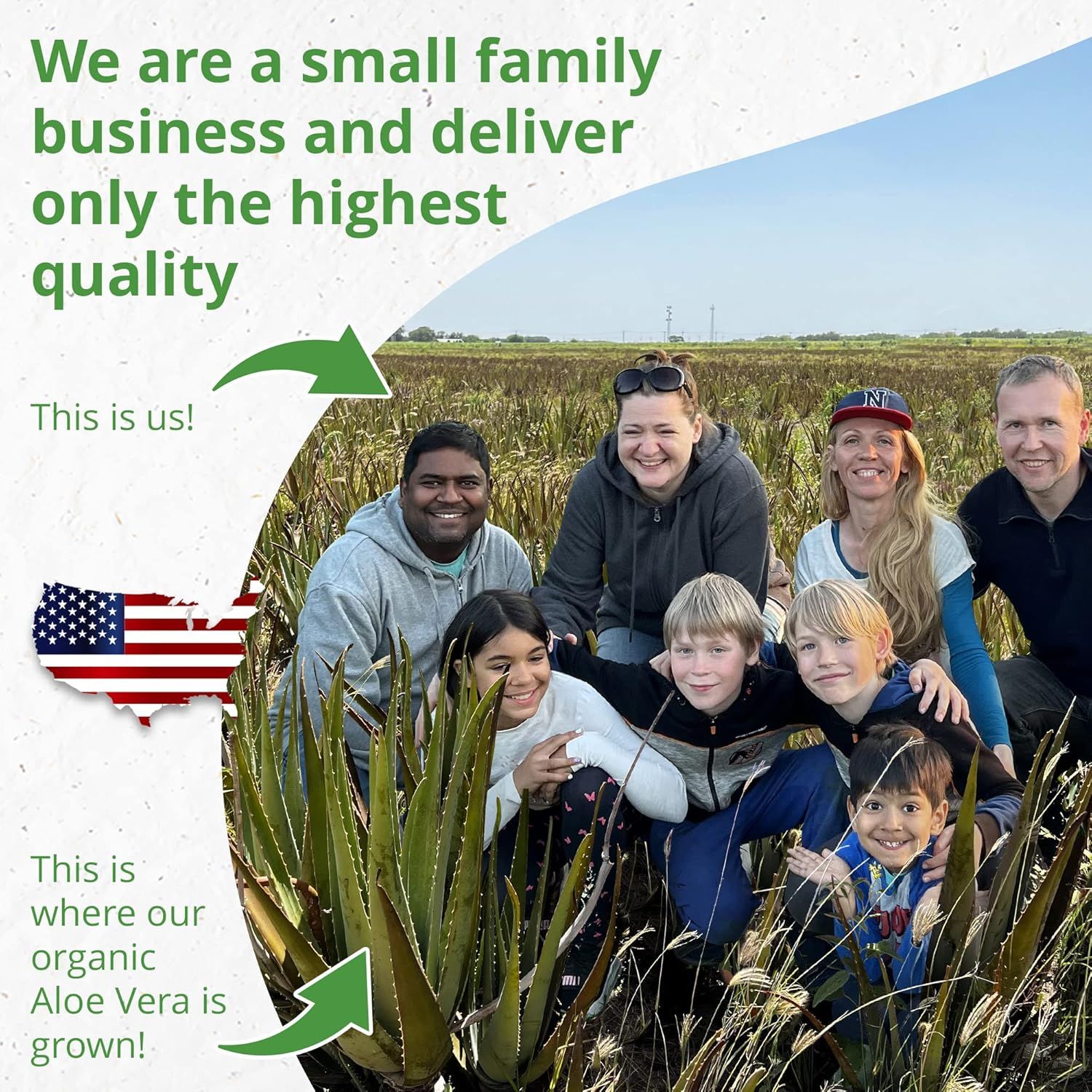 Communicates the brand's heritage and values by showing the family behind the business and highlighting their organic, USA-grown aloe vera to build trust and emotional connection with shoppers.