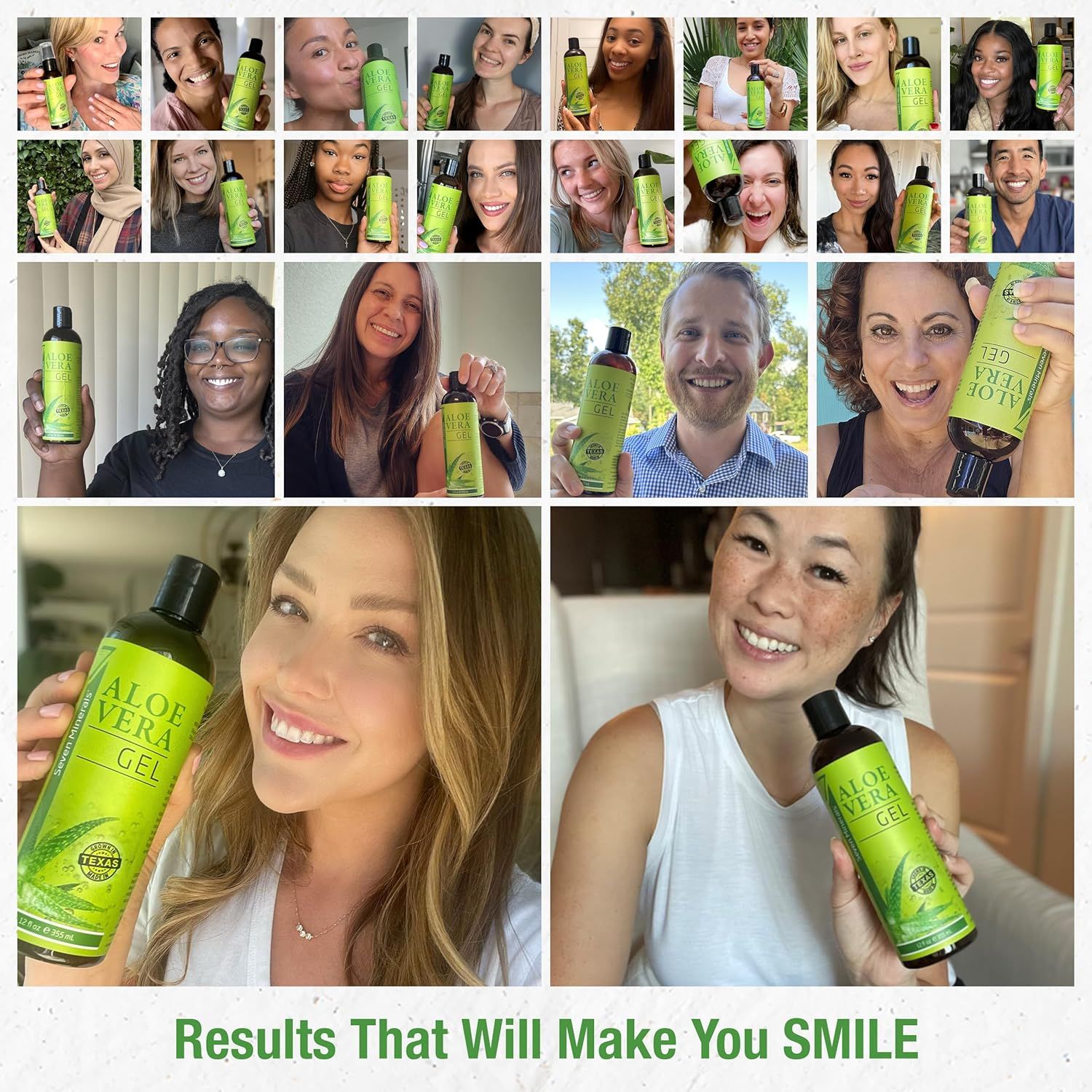 Builds social proof and trust by showing a diverse collection of real customers happily using the Aloe Vera Gel product, demonstrating widespread satisfaction and authentic results. Reinforces…