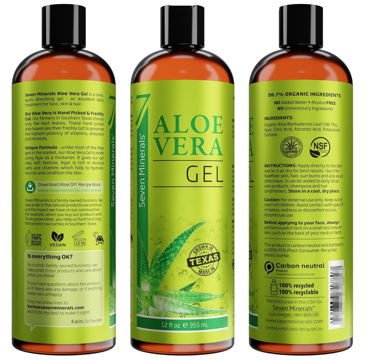 This image showcases multiple distinct selling benefits of the aloe vera gel product across three visually segmented panels, including organic ingredients, sustainability certifications, sourcing…