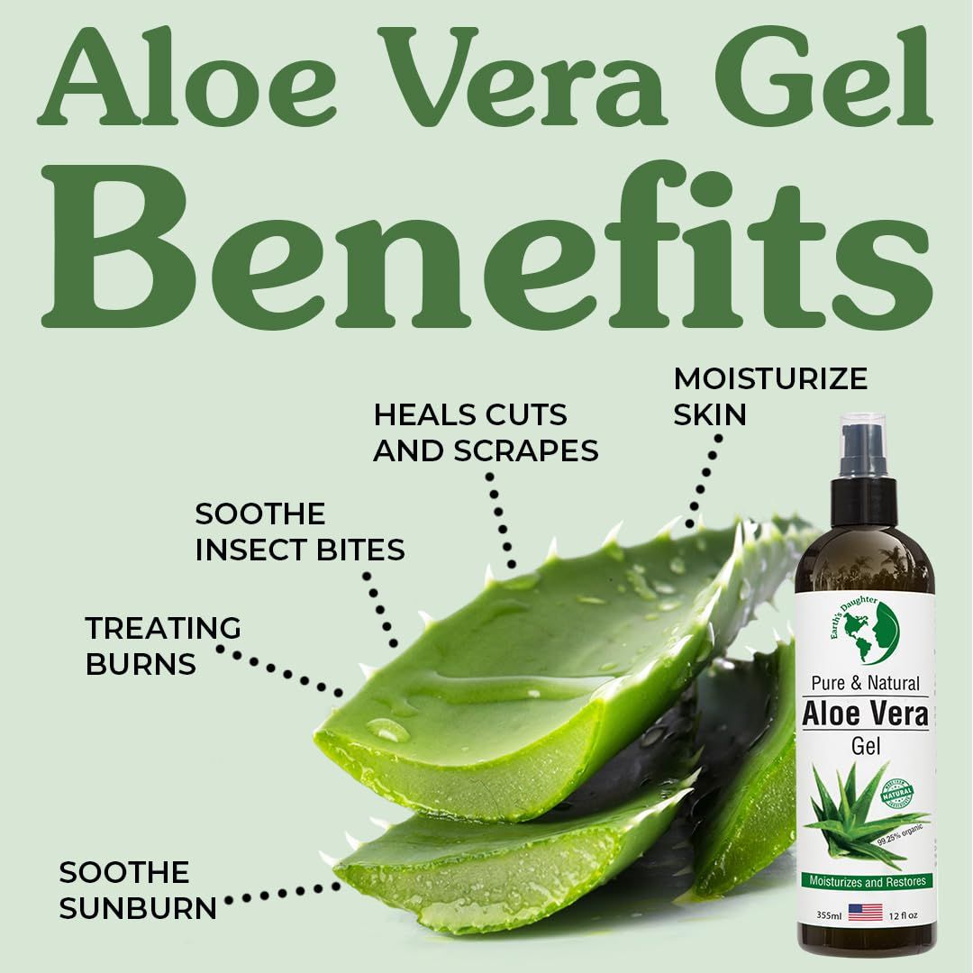 Communicates multiple distinct benefits of aloe vera gel across different use cases, showing shoppers the product's versatility for skin care, healing, and soothing applications.