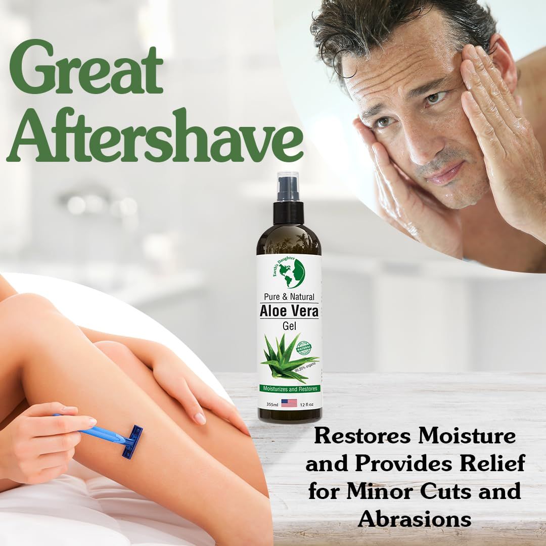 Demonstrates the versatility of the Aloe Vera gel by showing it can be used as an aftershave for both men (facial) and women (body shaving), highlighting its multi-purpose application. Communicates…