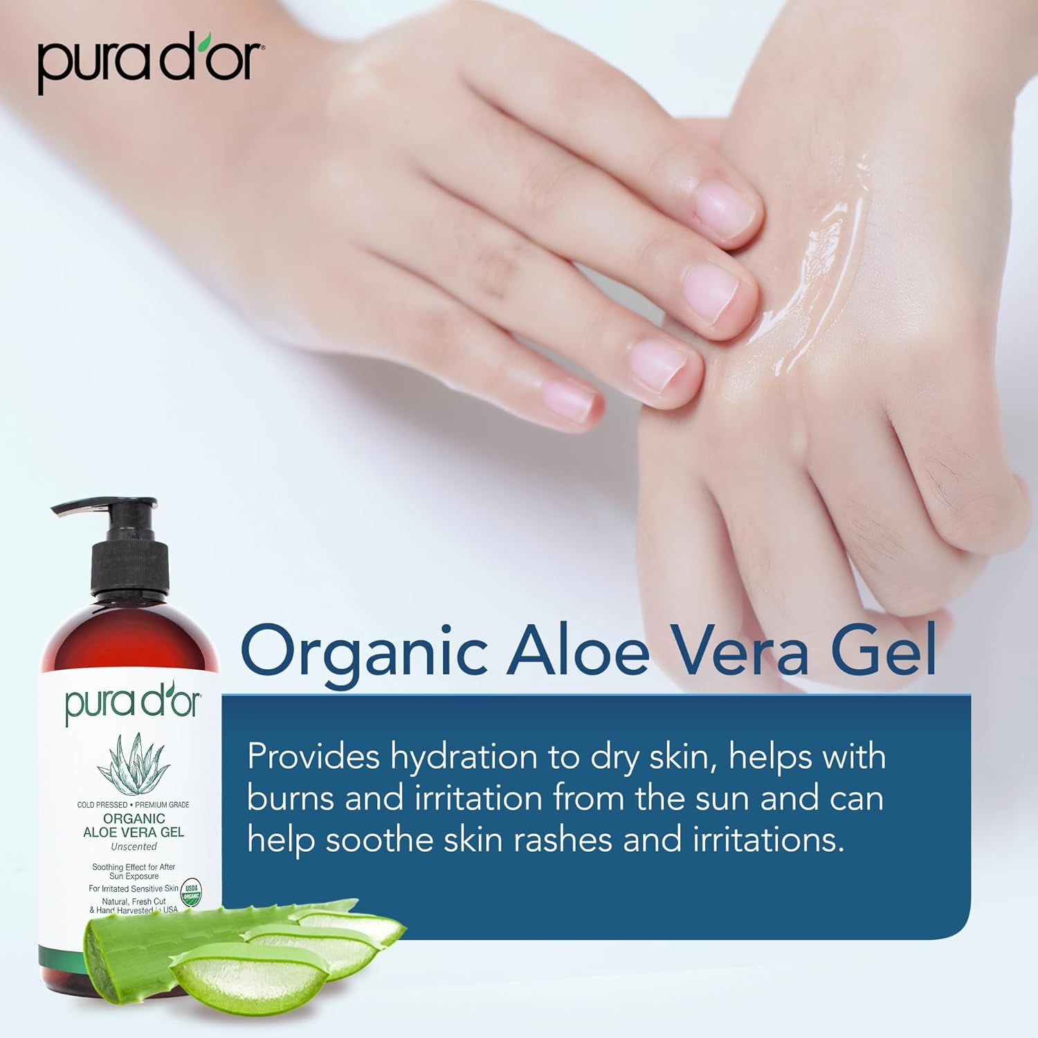 Communicates multiple benefits of the organic aloe vera gel including hydration for dry skin, relief from burns and sun irritation, and soothing properties for skin rashes and irritations.