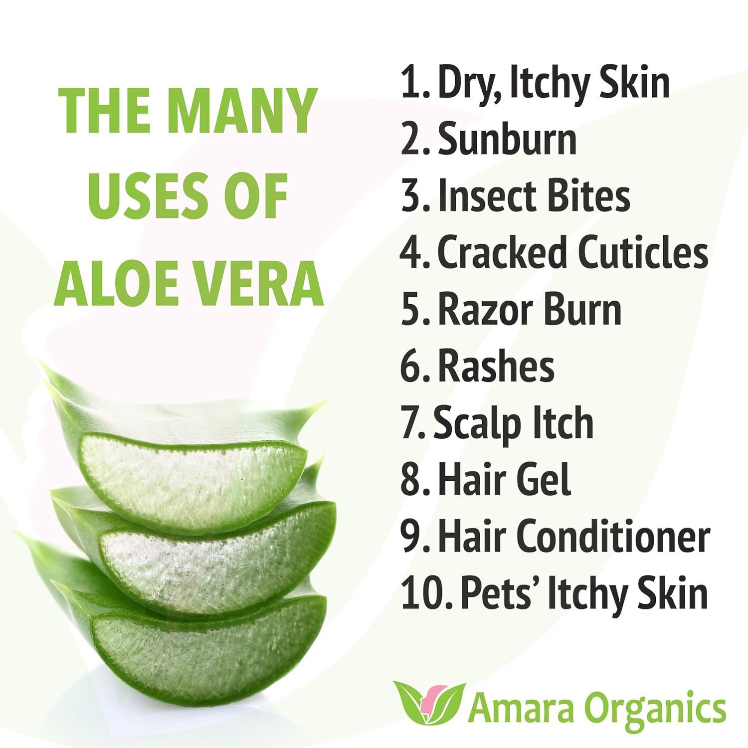 Demonstrates the versatility of the aloe vera product by listing 10 different applications, from skincare to haircare to pet care, reassuring shoppers of its multi-purpose value.