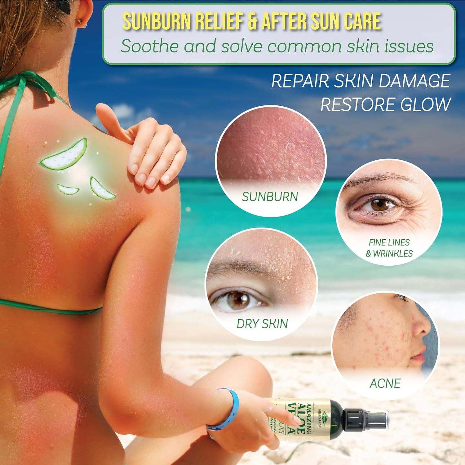 Demonstrates the product's versatility by showing it can address multiple common skin concerns including sunburn, dry skin, wrinkles, and acne, reassuring shoppers of its multi-purpose effectiveness.