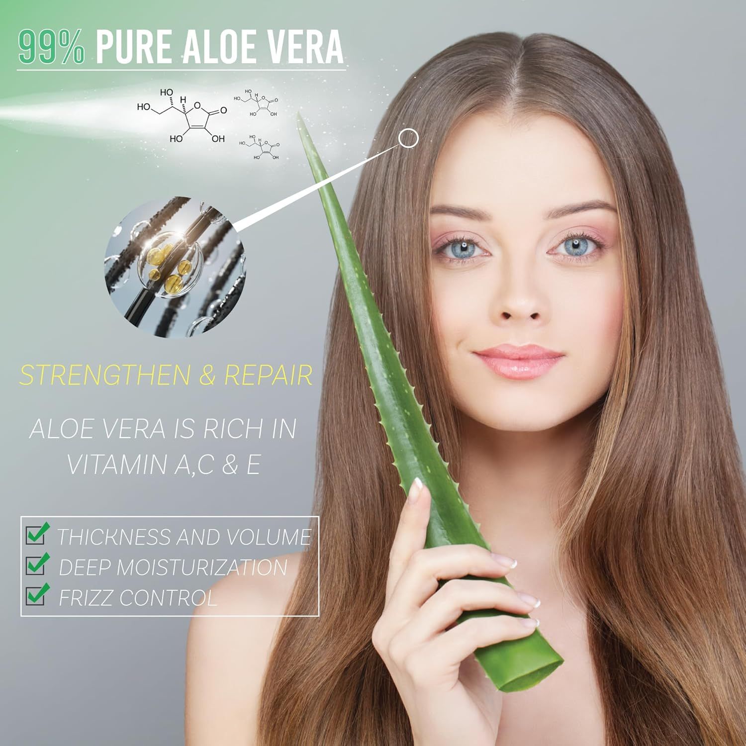 Communicates multiple hair care benefits of aloe vera including volume, moisture, and frizz control to show shoppers the comprehensive value of the product.