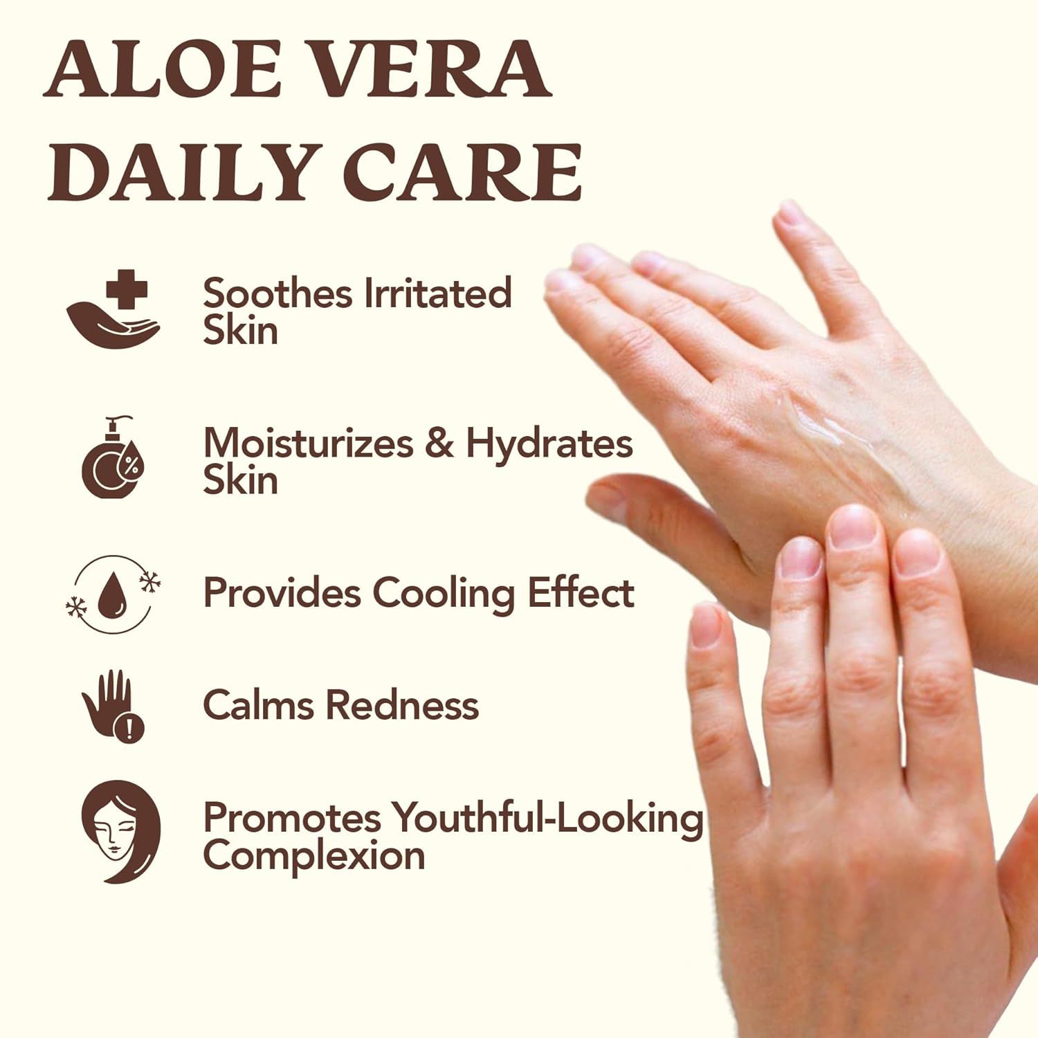 Communicates multiple skincare benefits of the aloe vera product in a structured, easy-to-scan layout to reassure shoppers of its comprehensive daily care properties.