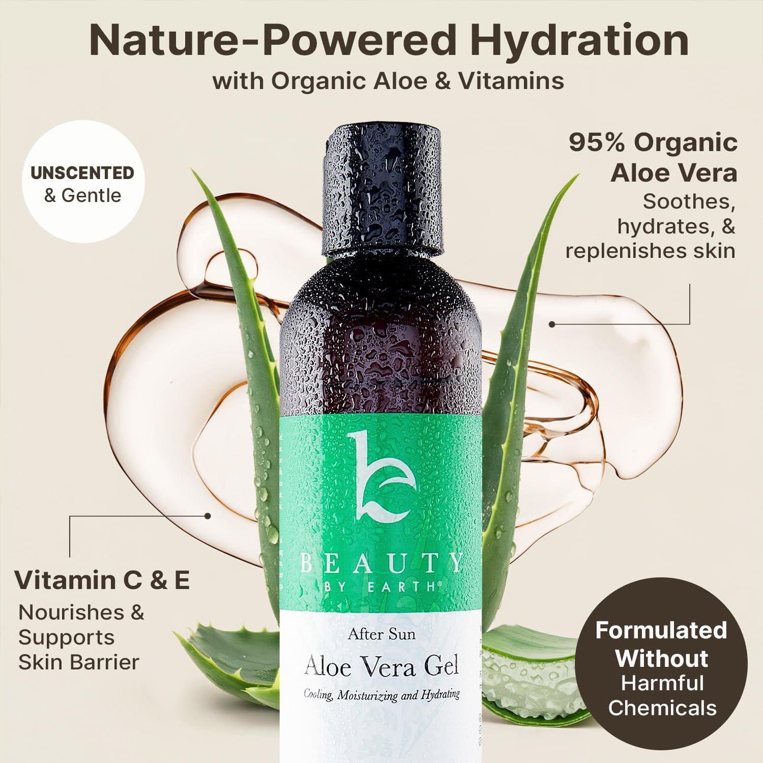 Communicates multiple distinct benefits of the aloe vera gel product including its high organic content, vitamin enrichment, gentle formulation, and safety to reassure shoppers of its comprehensive…