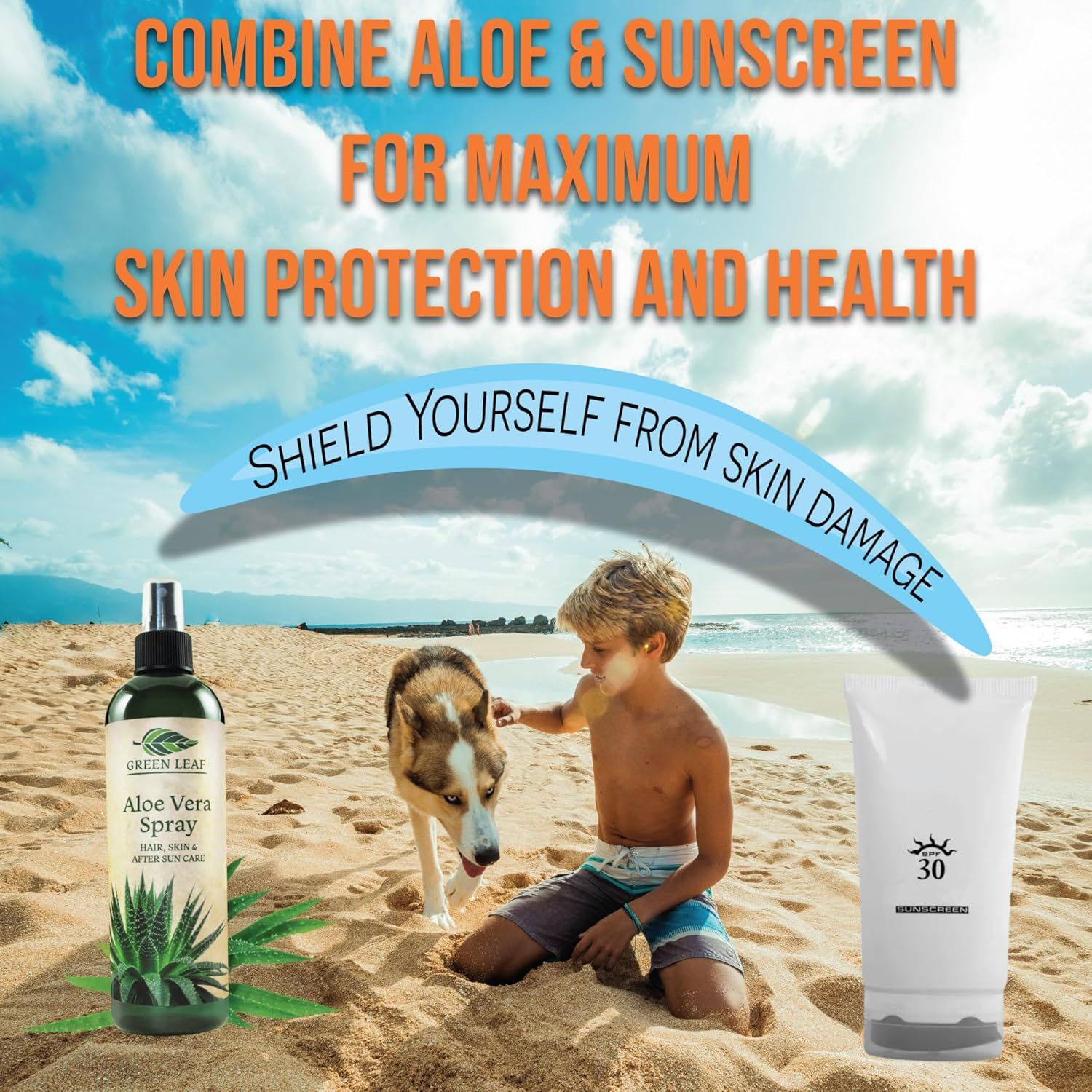 Instructs shoppers to combine aloe vera spray with sunscreen for maximum skin protection and health, demonstrating a simple usage method for enhanced benefits. Communicates the primary benefit of…