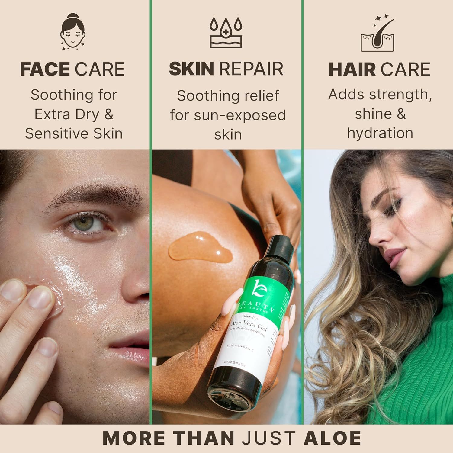 Demonstrates the product's versatility by showing three distinct use cases: soothing dry/sensitive facial skin, repairing sun-exposed skin, and adding strength and hydration to hair.