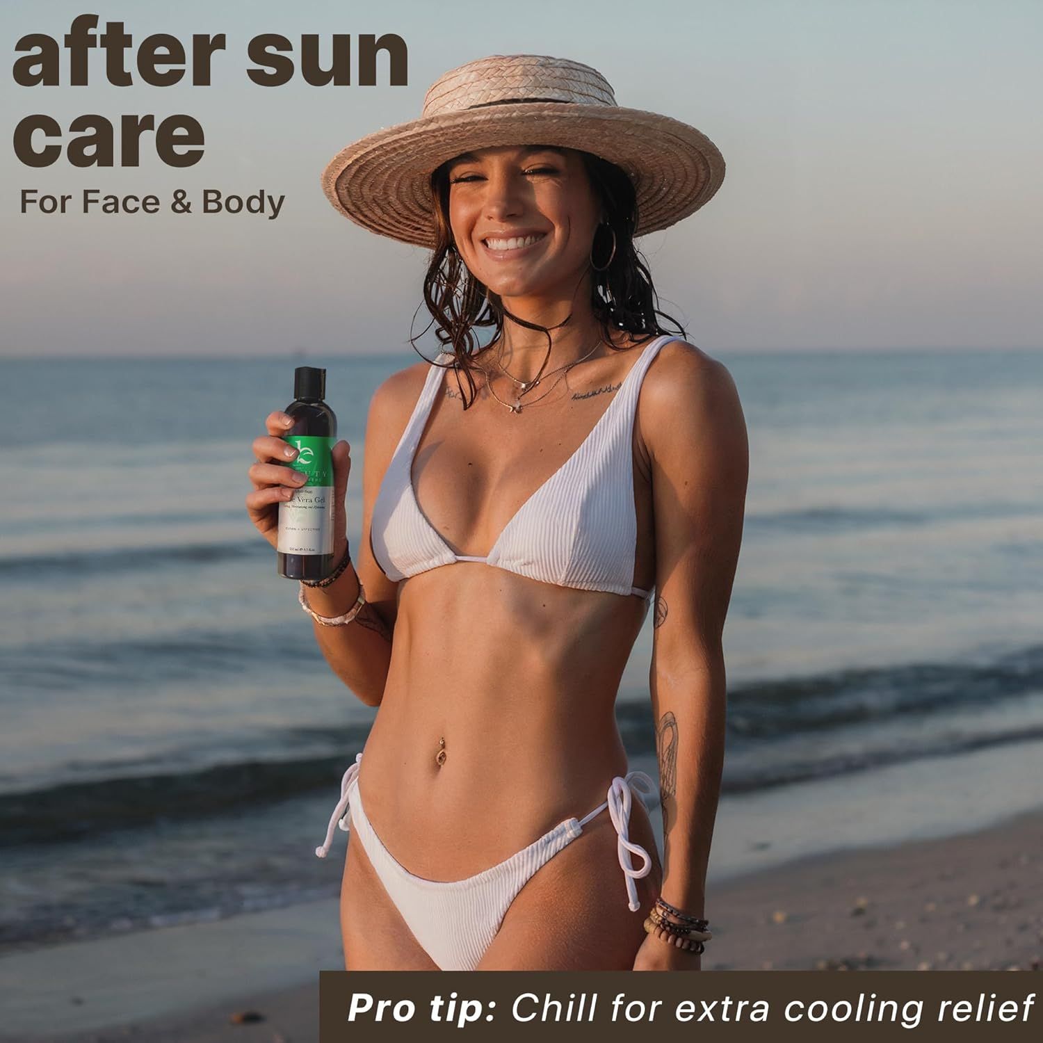 Demonstrates the product's use case for after-sun care in a beach/outdoor setting, showing when and where the product is most relevant. Highlights the cooling relief benefit of the after-sun care…