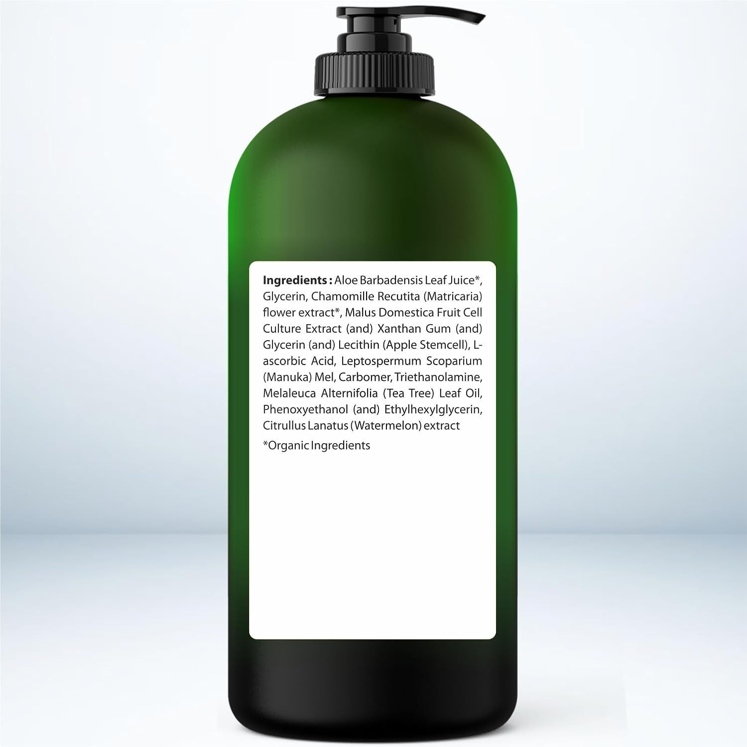 Communicates transparency by displaying the full ingredient list, highlighting natural and organic components like Aloe, Chamomile, Tea Tree Oil, and Manuka Honey to reassure shoppers about product…