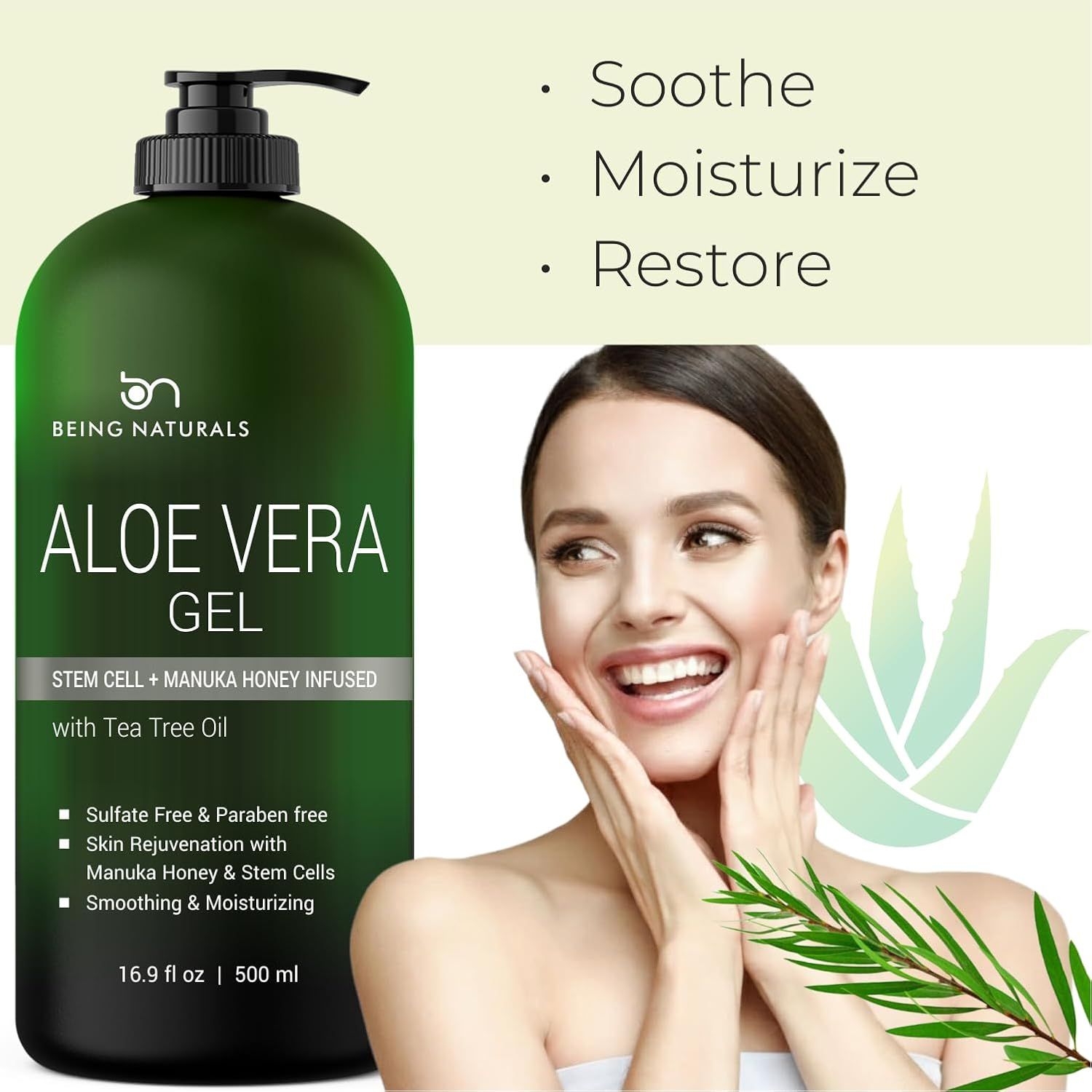 Communicates multiple distinct benefits of the aloe vera gel including soothing, moisturizing, and restoring properties, along with key ingredient callouts and product safety claims to reassure…