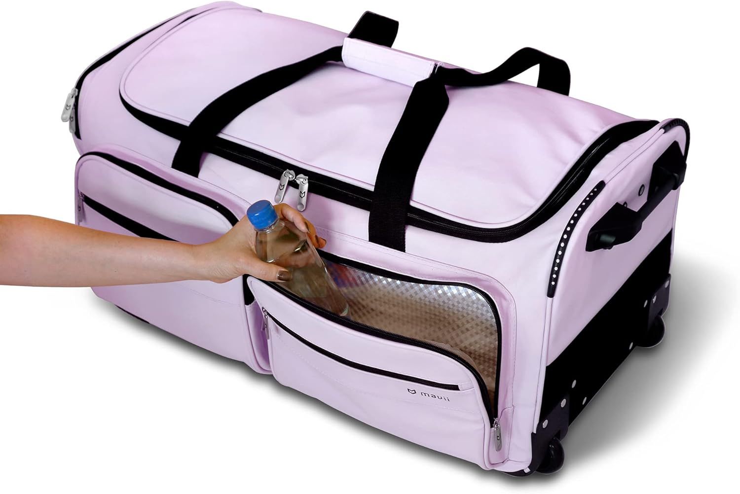 Demonstrates the bag's external pocket feature with mesh window, showing how users can easily access and store items like water bottles while keeping contents visible. Highlights the convenience of…