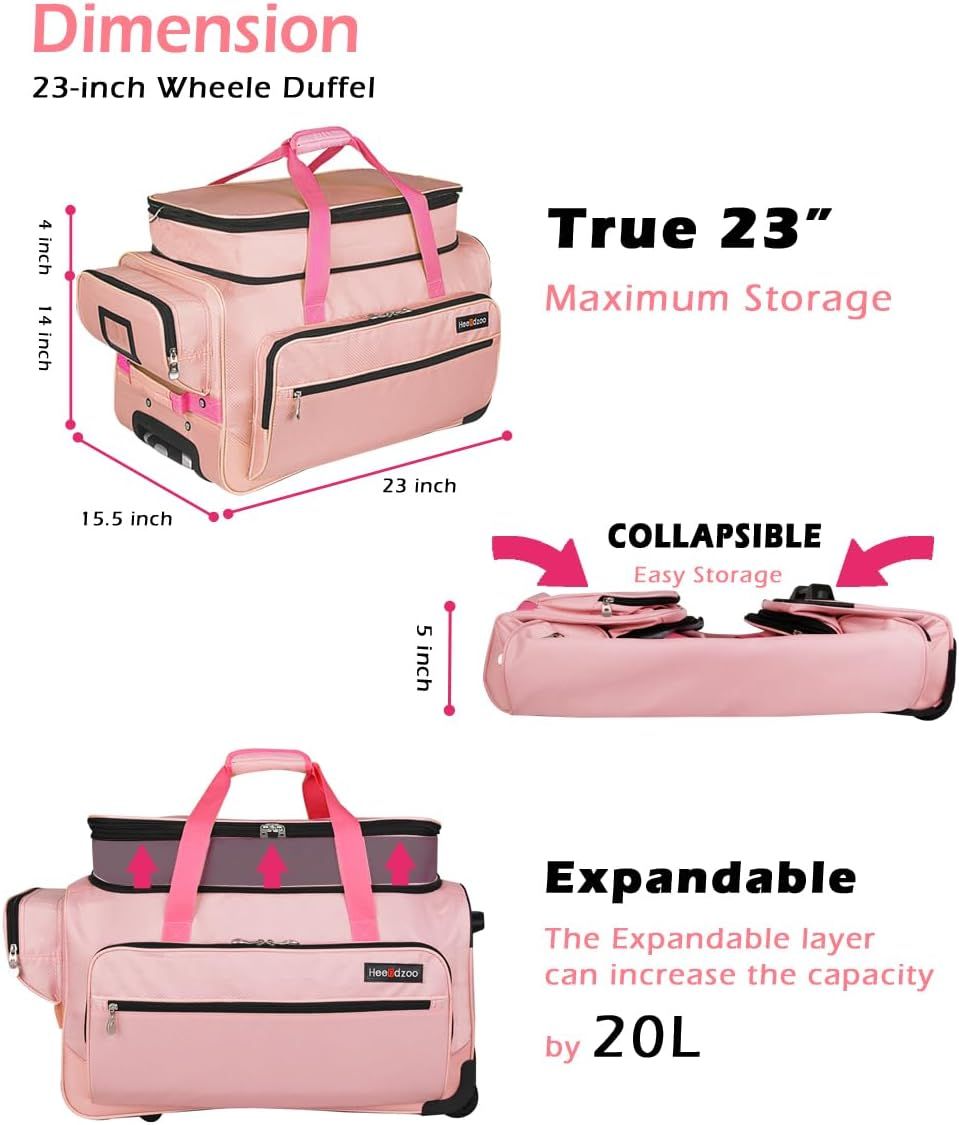 Communicates the exact physical dimensions of the wheeled duffel bag (23 x 15.5 x 14 inches) and demonstrates its collapsible and expandable features to help shoppers understand its size, storage…