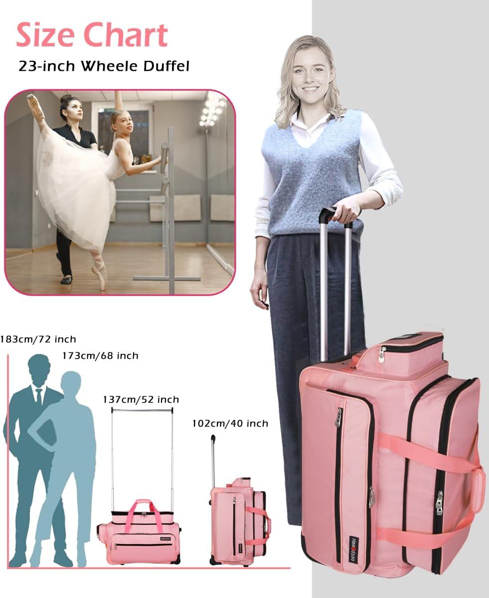 Demonstrates the physical size of the wheeled duffel bag using exact measurements and human height comparisons to help shoppers understand how large the bag is and whether it will meet their travel…