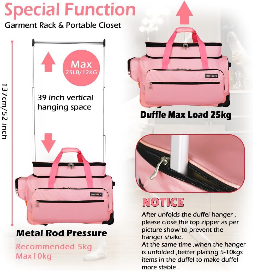Communicates multiple distinct benefits of the duffle bag including its dual function as a garment rack with 39-inch hanging space, maximum load capacity of 25kg, and usage instructions for…