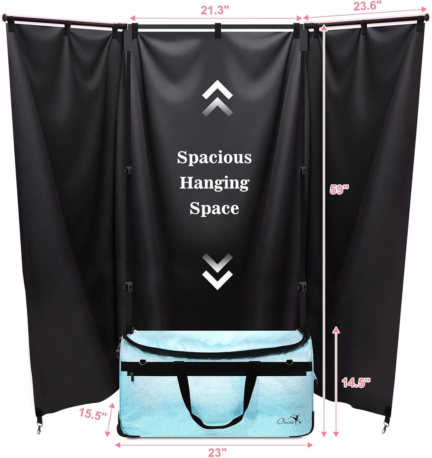 Communicates the physical dimensions of the product and emphasizes the spacious interior hanging area to help shoppers understand the size and storage capacity.