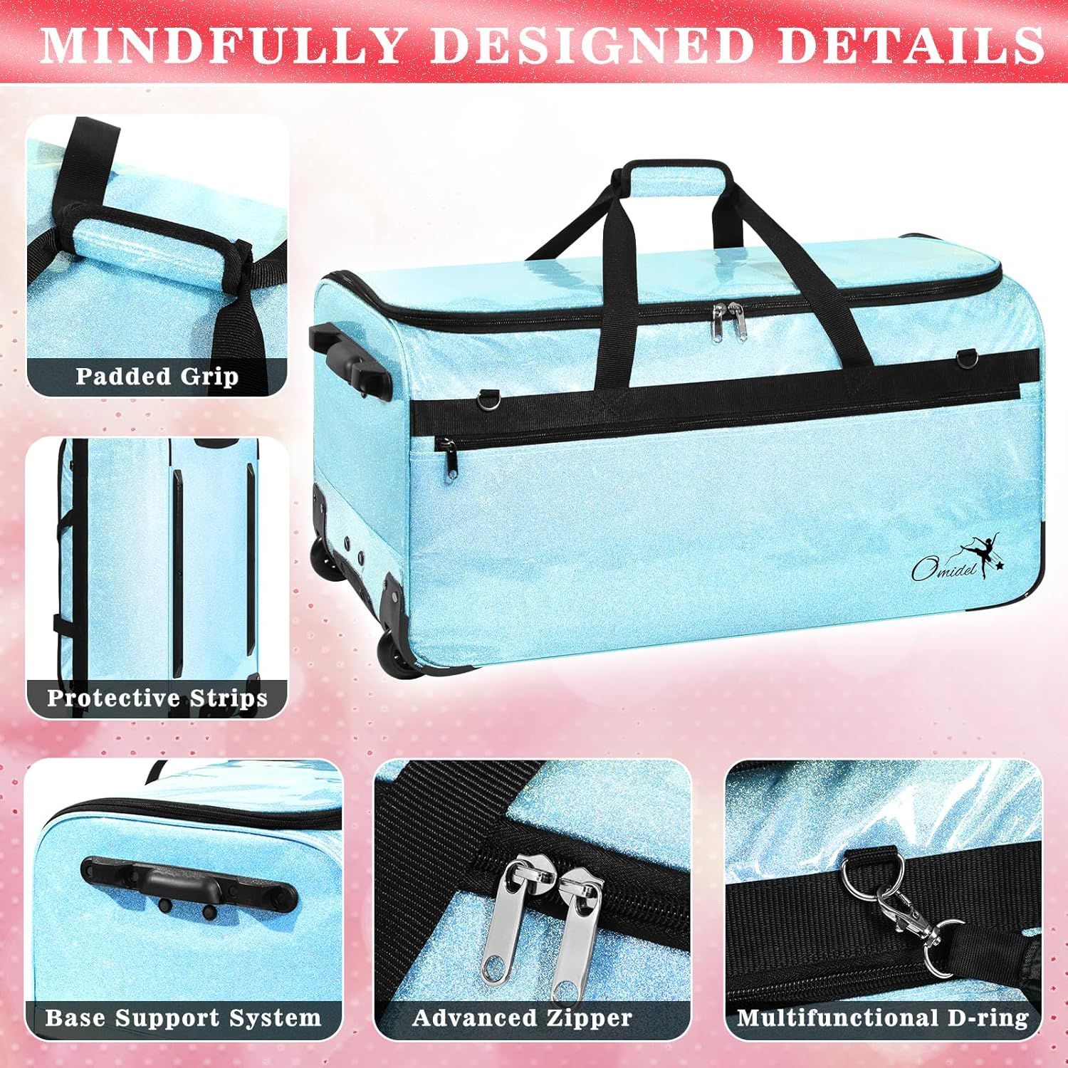 This image breaks down the physical components and structural features of the rolling duffel bag to help shoppers understand the quality construction and thoughtful design details that make the…