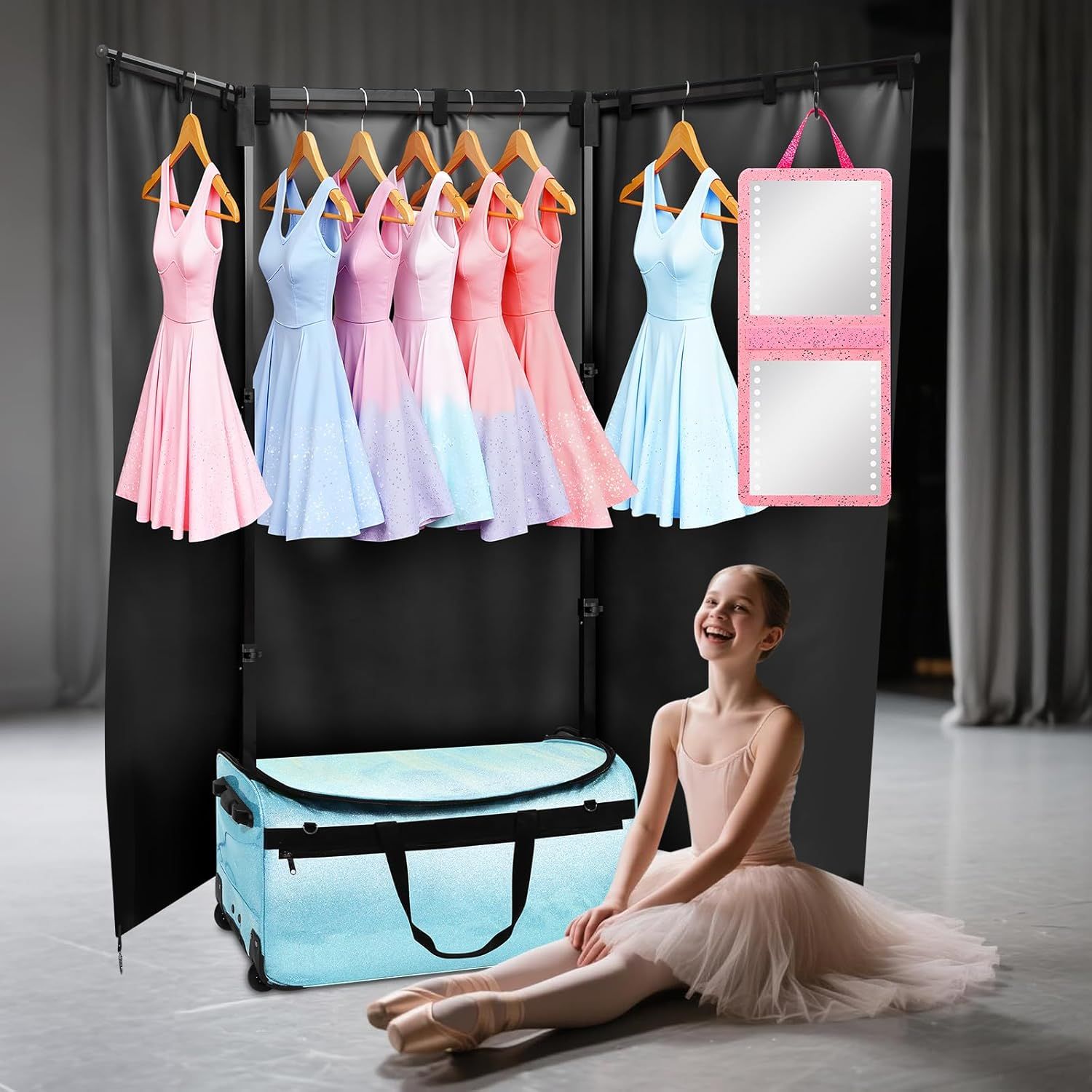 Shows everything included in the wardrobe system to demonstrate the complete package customers receive, including the rack, hanging organizers, storage bag, and mirror for dance or dress-up…