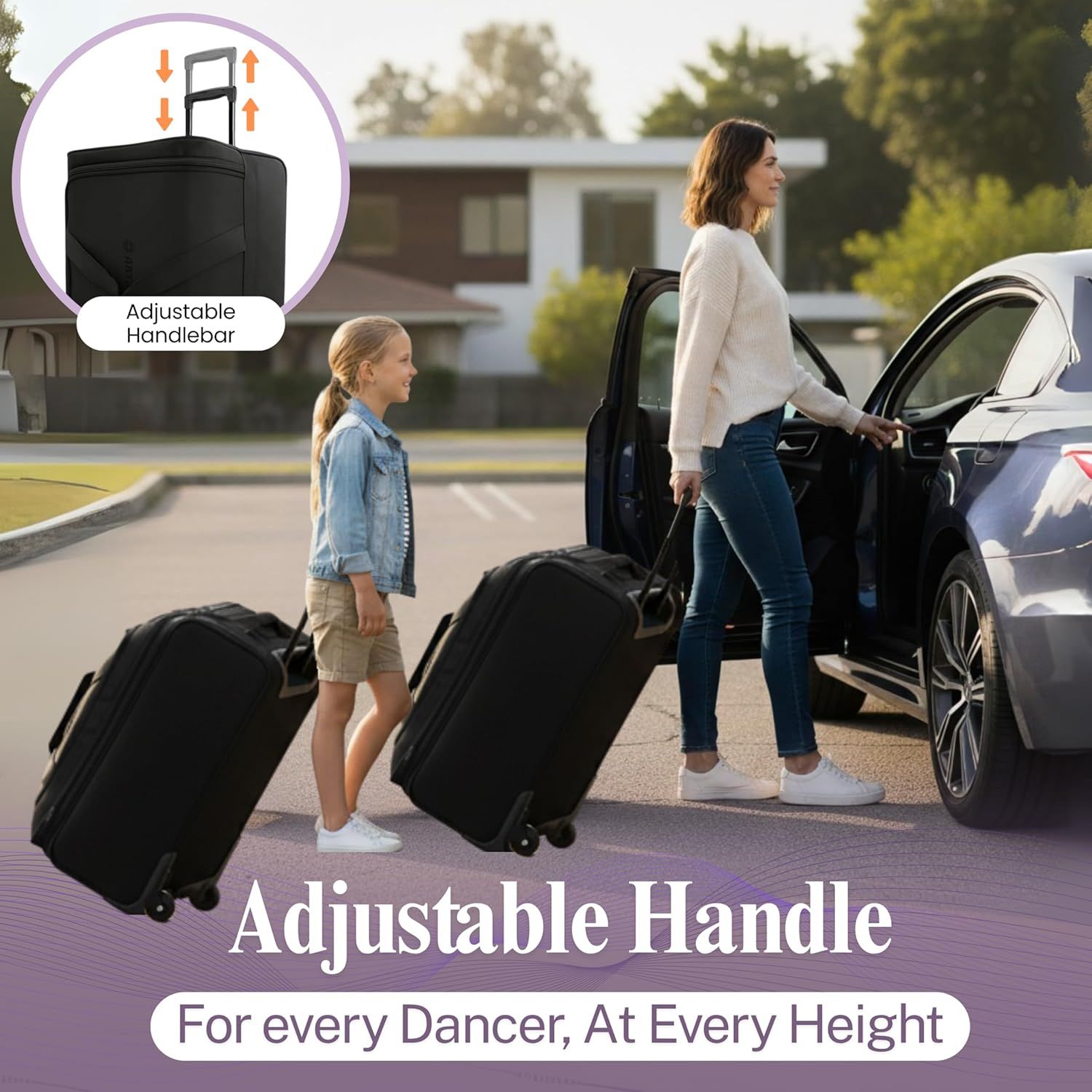 Highlights the adjustable handle feature to communicate that the luggage can be customized for users of different heights, making it comfortable and convenient for everyone in the family.