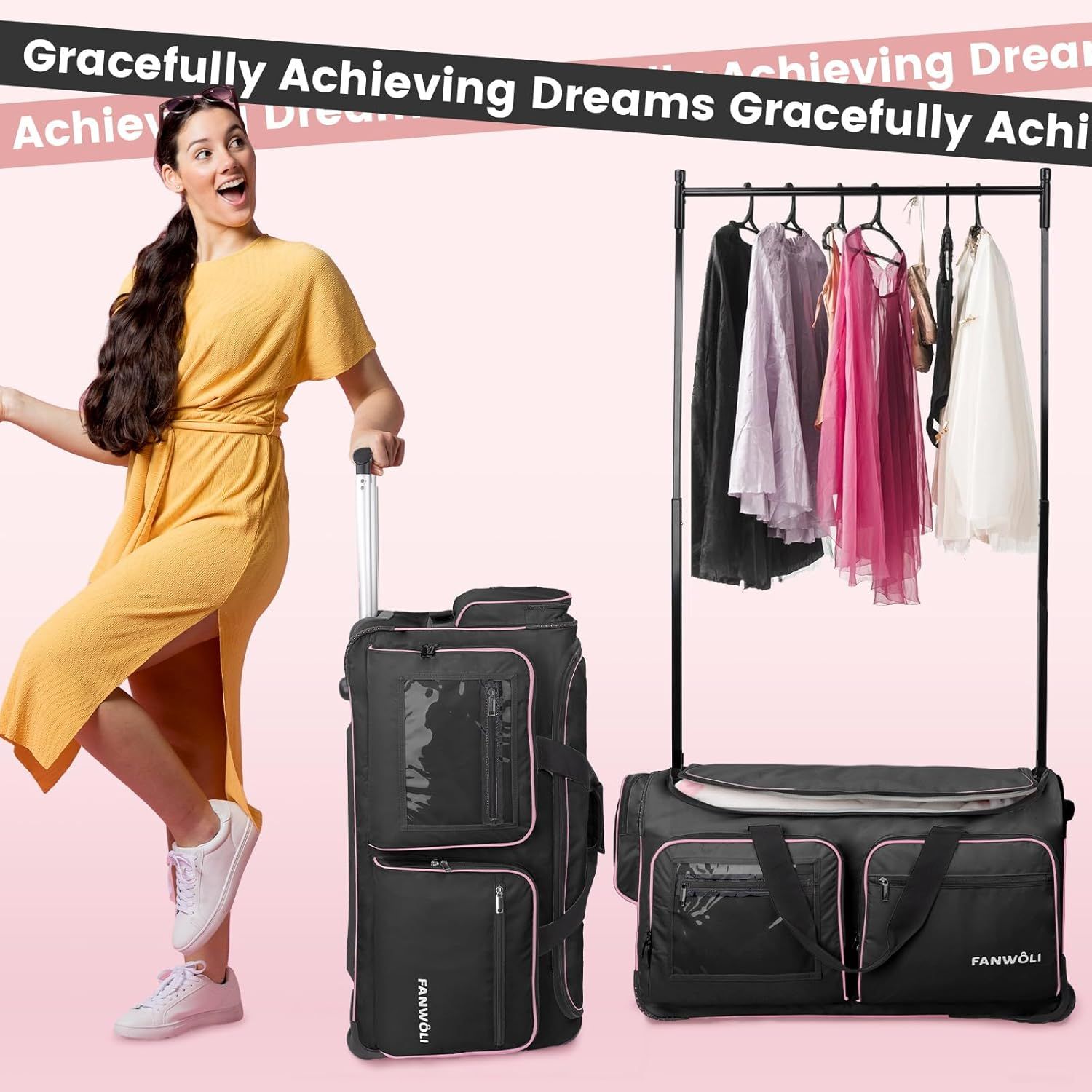Demonstrates the product's ability to keep clothes organized and wrinkle-free while traveling, showing the integrated garment rack feature that transforms the luggage into a portable closet.
