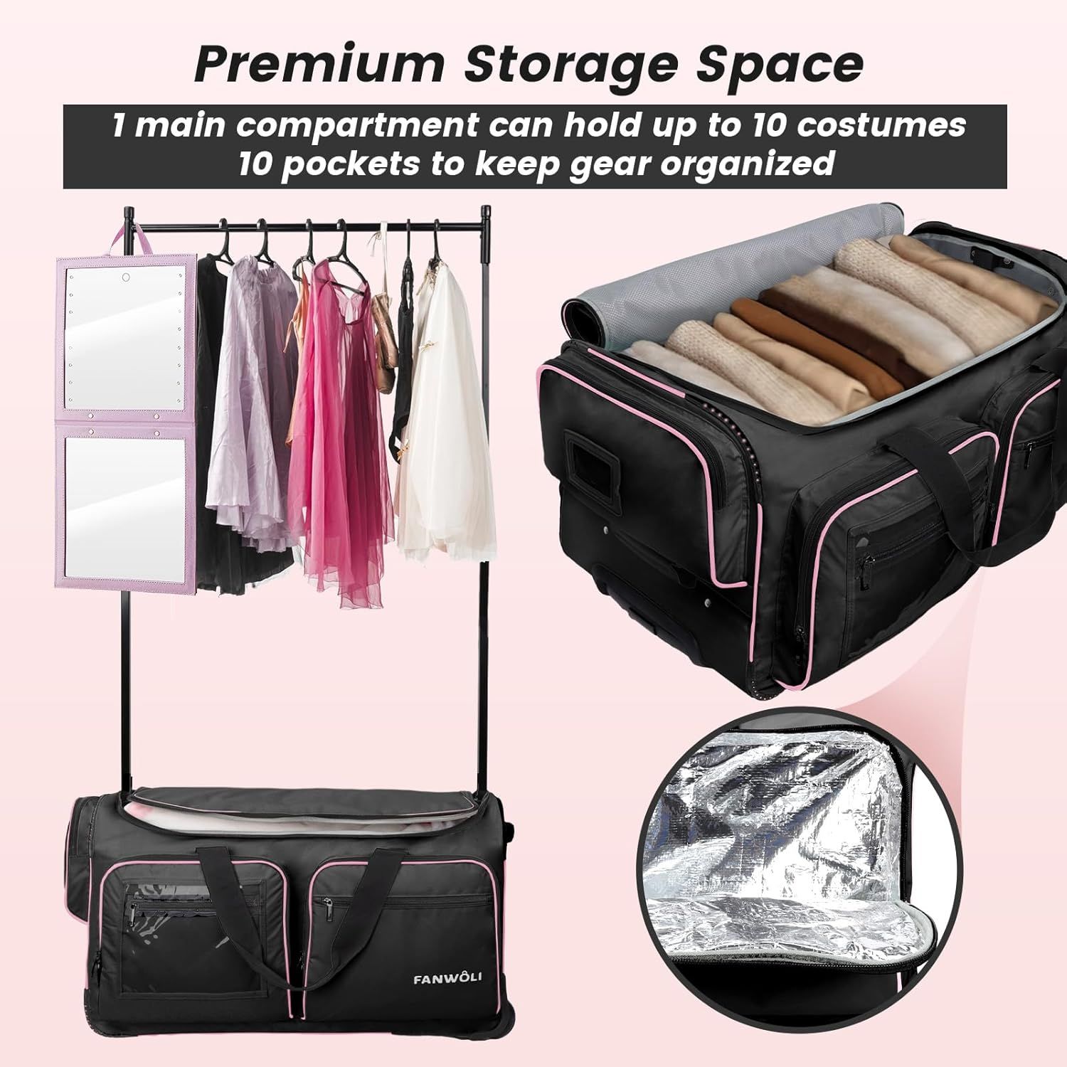 Demonstrates the product's multiple organizational features including capacity to hold 10 costumes, 10 pockets for gear organization, and various storage compartments to reassure shoppers of its…