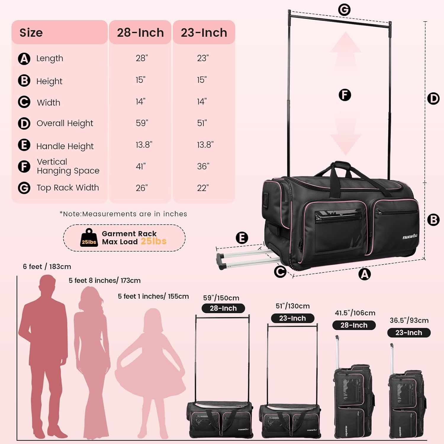 Provides detailed dimensional specifications for two product sizes (28-inch and 23-inch) with labeled measurements and human scale references to help shoppers understand the physical size and choose…