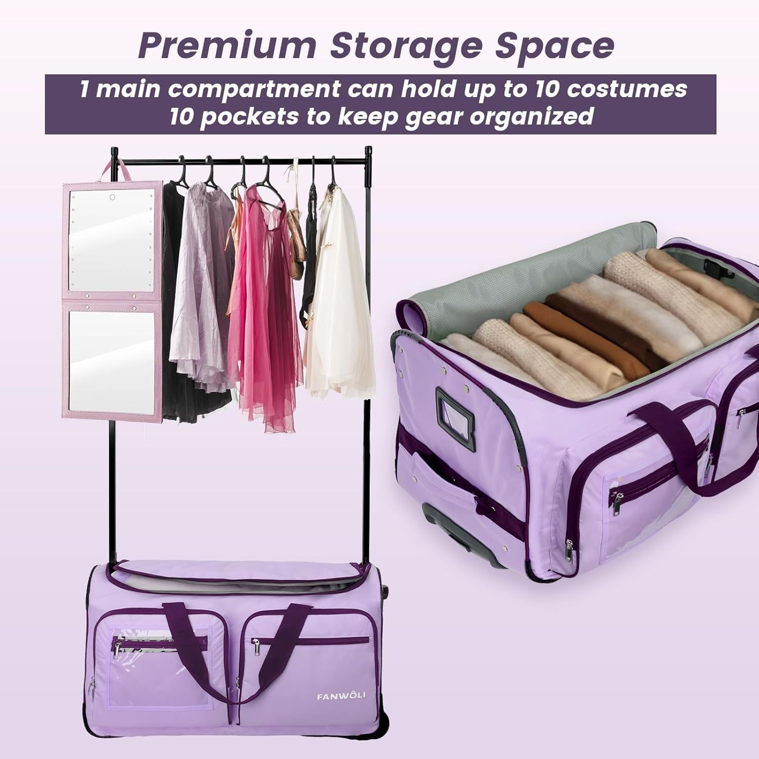Communicates the product's impressive storage capacity (holds up to 10 costumes and has 10 pockets) to reassure shoppers that it can accommodate their organizational needs. Highlights the product's…